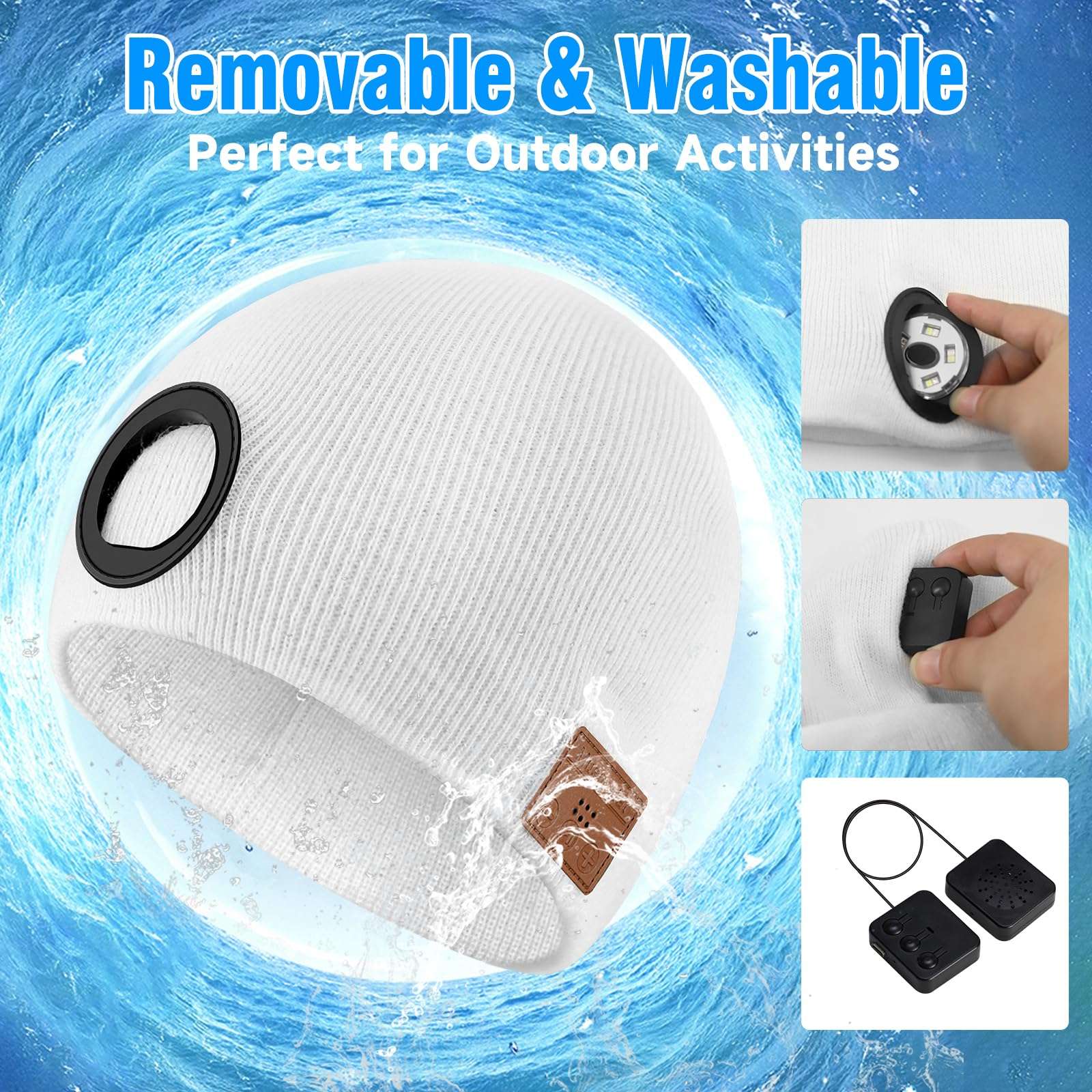TOUCH TWO Bluetooth Beanie Hat with LED Light Wireless Musical Knitted Cap with Headphone Stereo Speakers & Mic for Running Hiking Jogging White 6