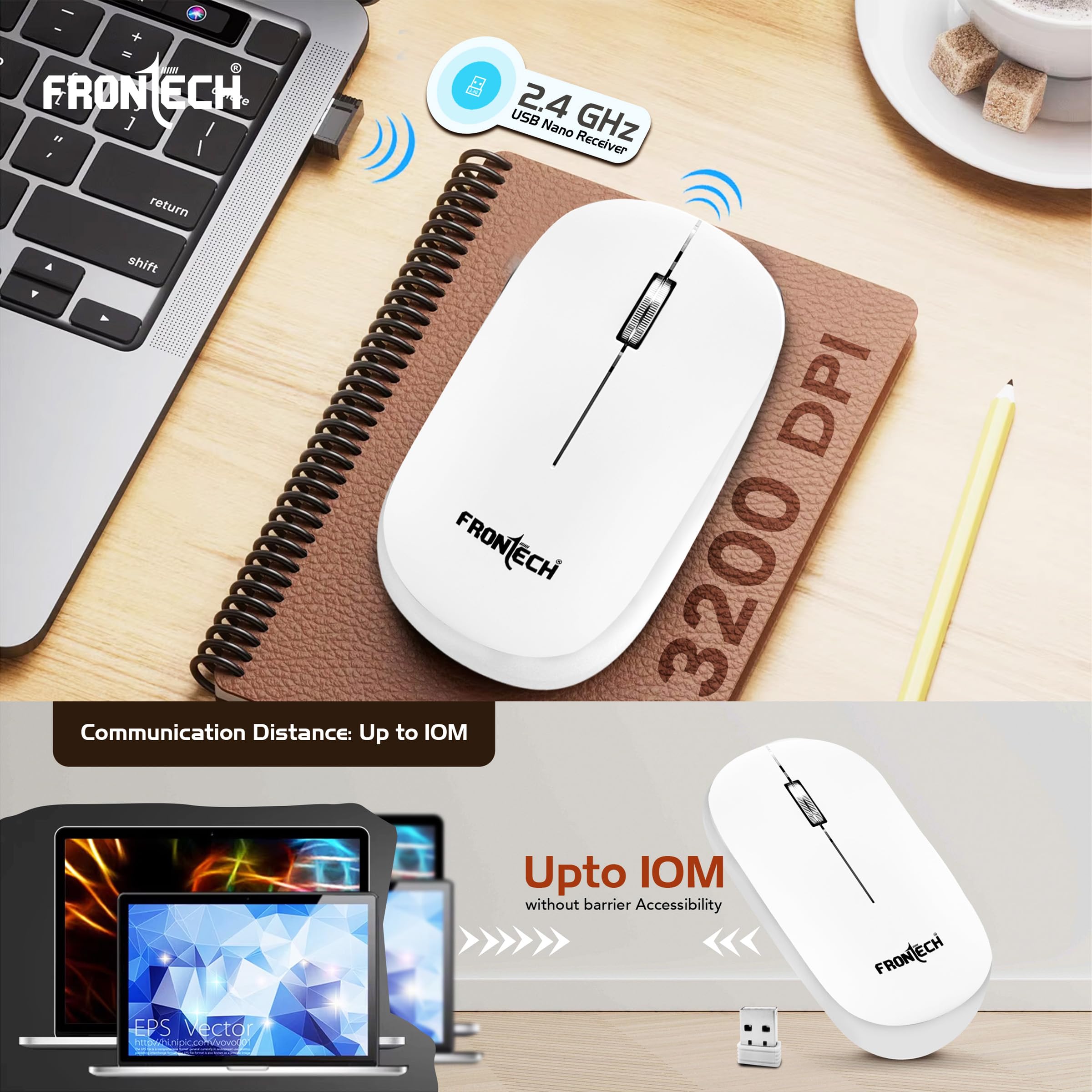 Frontech Wireless Keyboard & Mouse Combo–2.4GHz, 106 Keys, 3200 DPI Mouse, Power-Saving Design, 3-Year Warranty, White (KB-0030P) 4