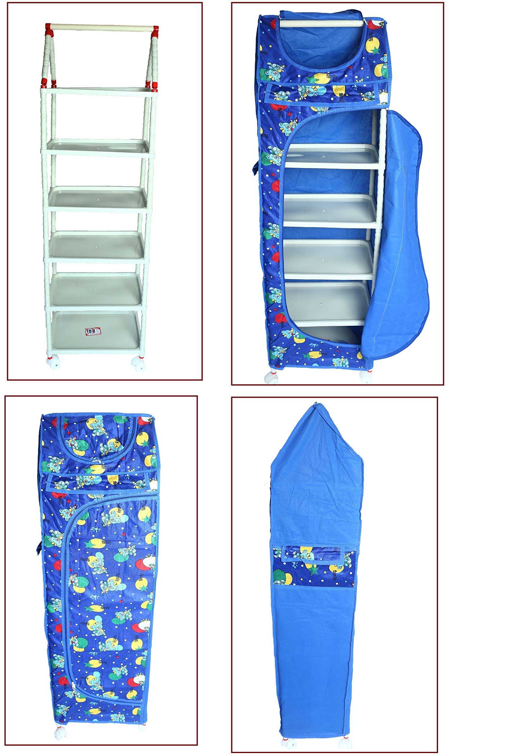 EVOHOME Evoshine® Colorful Design Cartoon Printed Cotton 6 Cabinet Hanging Baby Almirah, Kids Wardrobe, Cloth Organizer, Folding Almirah, Toy Box (Blue) 4