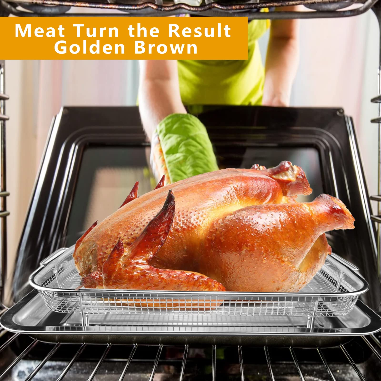 Air Fryer Basket for Oven, 2 Pieces Stainless Steel Air Fryer Baking Pans, 15.39 X 11.42 Inch Crisper Tray, Mesh Grill Basket Replacement, Airfryer Rack for Chicken, French Fry and Frozen Food 4