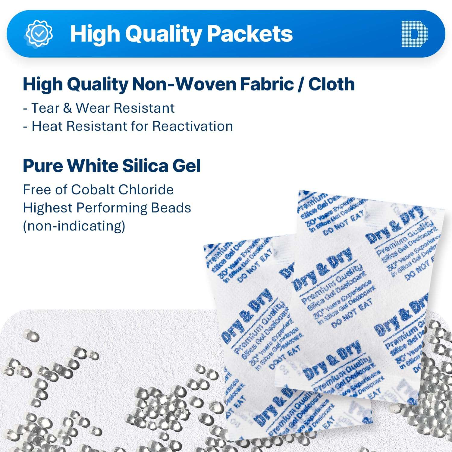 Dry & Dry 20 Gram [100 Packets] Silica Gel Packets Desiccants, Silica Packets - Rechargeable Silica Gel Packs, Moisture Absorbers, Desiccants Packets, Silica Gel 2