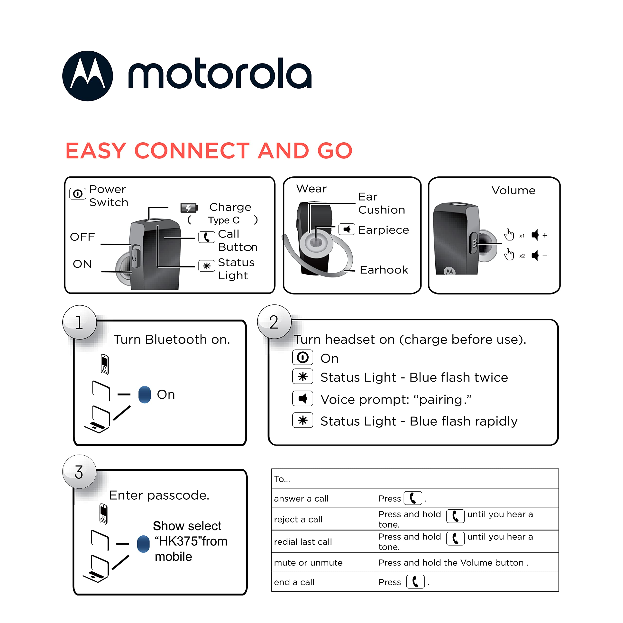 Motorola Sound HK385 Bluetooth Headset in-Ear Mono Bluetooth Earpiece with CVC Touch Control for Calls - IPX4 Sweat Resistant, Smart Touch/Voice Control, Noise Suppression Wireless Earpiece - Black 6