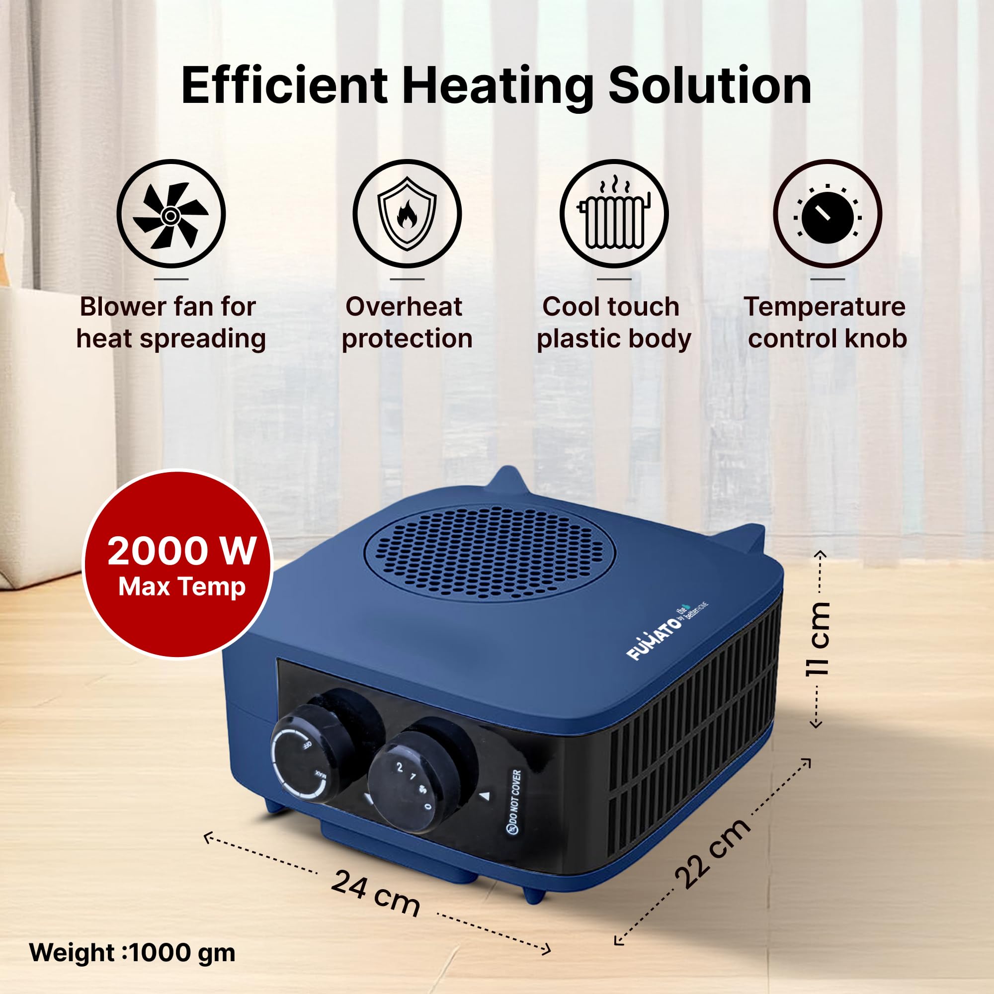 The Better Home Fumato 2000 W Room Heater (Fan-Blower) | Portable Heater for Bedroom & Home | Dual Placement Vertical/Horizontal | Thermal Cut-Out + Fuse Safety | Navy Blue | 1-Year Warranty 5