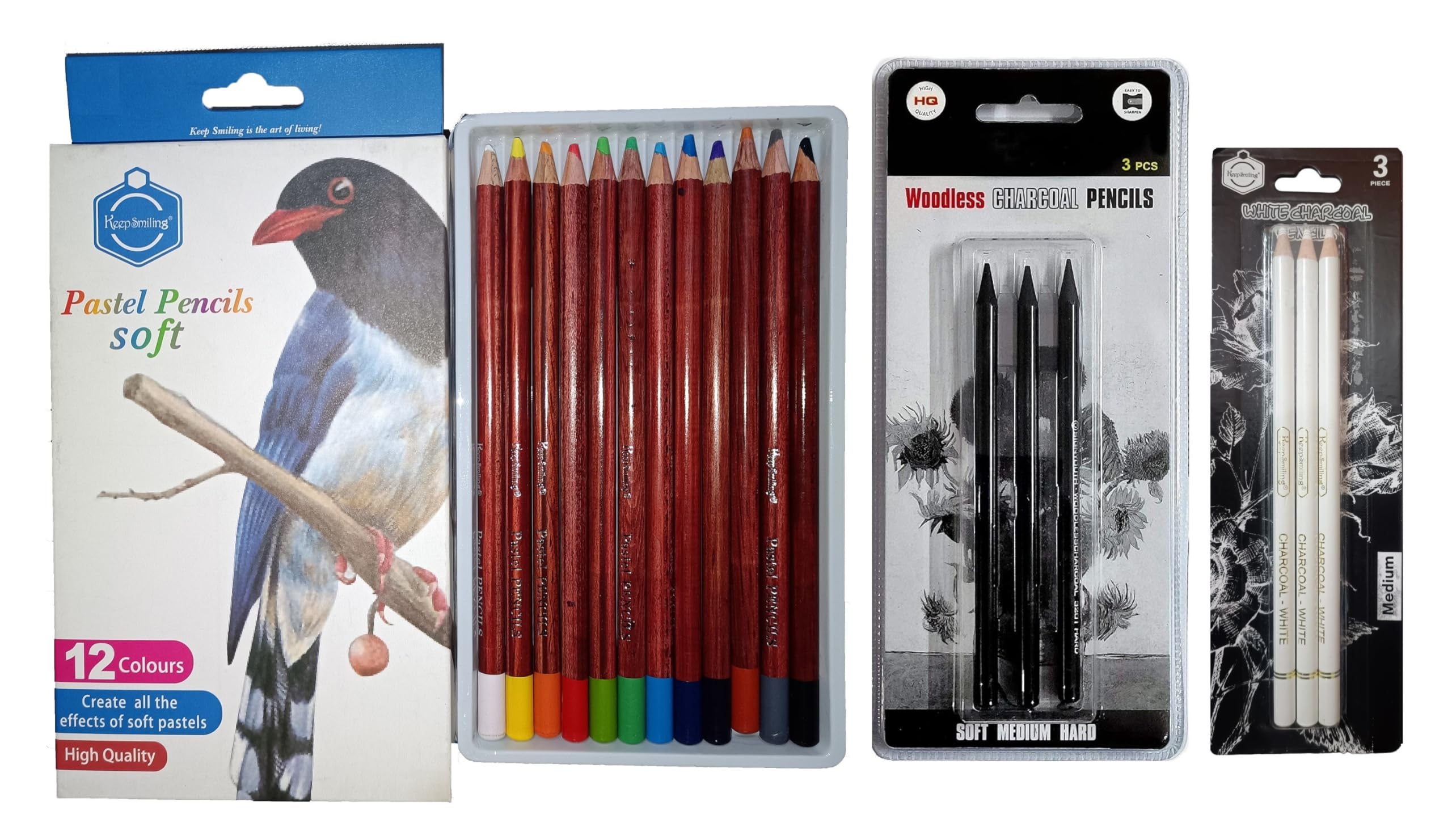 ChiggiWiggi 12 Pcs Professional Art Soft Pastel Pencils Colors Set For Artist Drawing Coloring, 3 Pcs White Medium Charcoal Pencil and 3 Pcs Black Woodless Charcoal Pencils- Soft Medium & Hard
