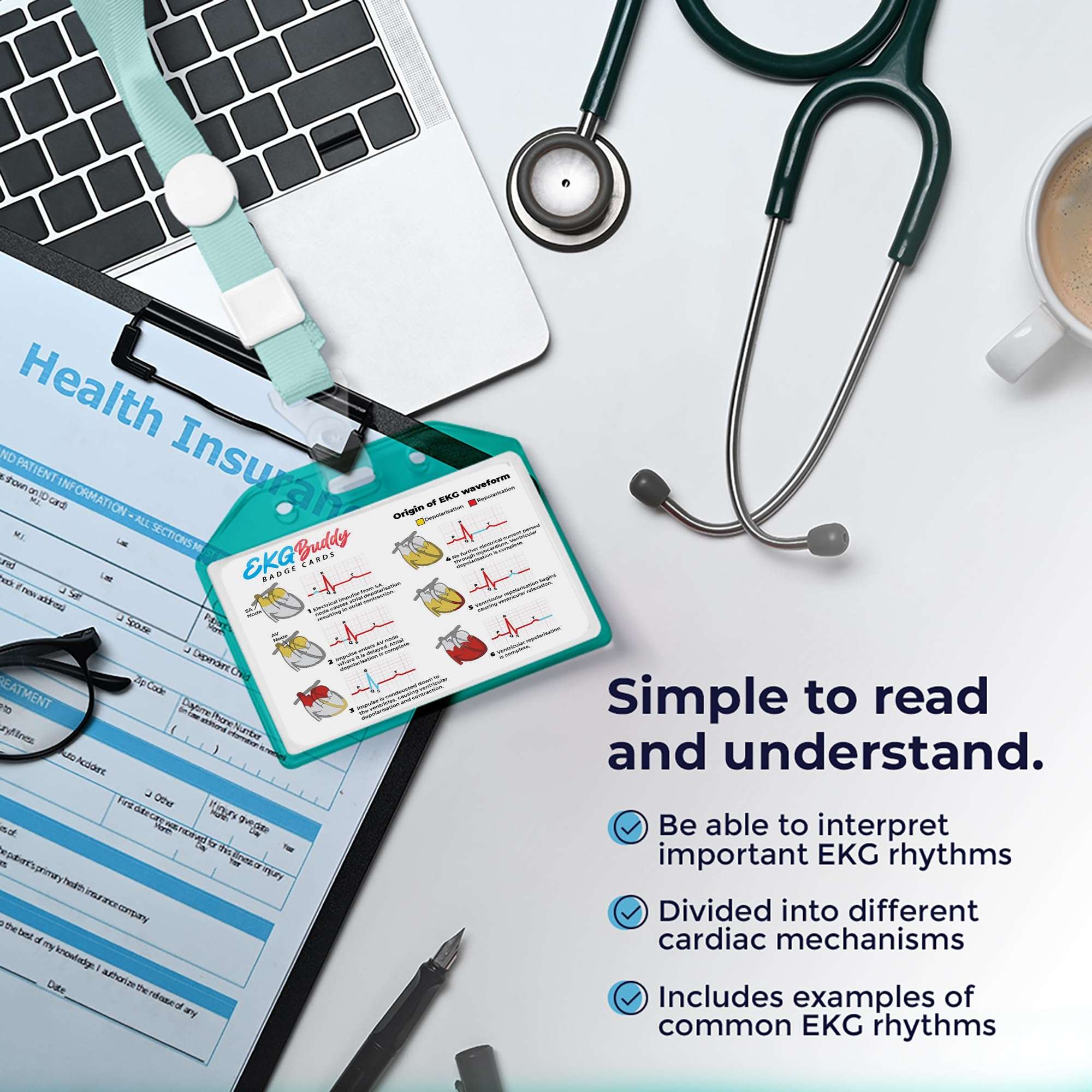 EKG Buddy's 5 Card EKG Interpretation Badge Set - Doubled Sided Nurse ECG Cards Guide Rhythm Cheat Sheet, EKG Telemetry Strips for ACLS Medical Cardiac Reference and Nursing Student Gift Accessories 6