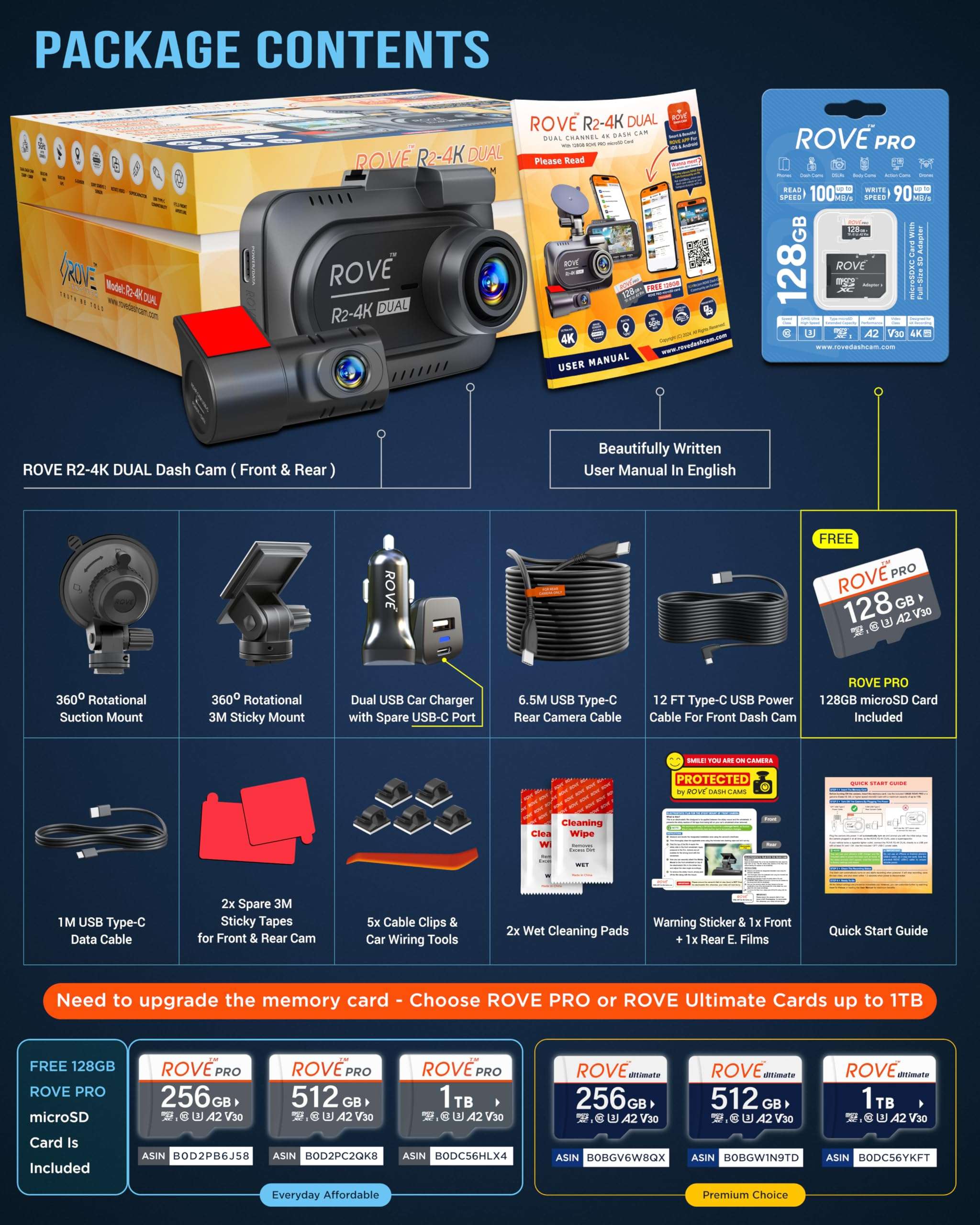 ROVE R2-4K DUAL Dash Cam Front and Rear, STARVIS 2 Sensor, FREE 128GB Card Included, 5G WiFi - up to 20MB/s Fastest Download Speed with App, 4K 2160P/FHD Dash Camera for Cars, 3" IPS, 24H Parking Mode 6