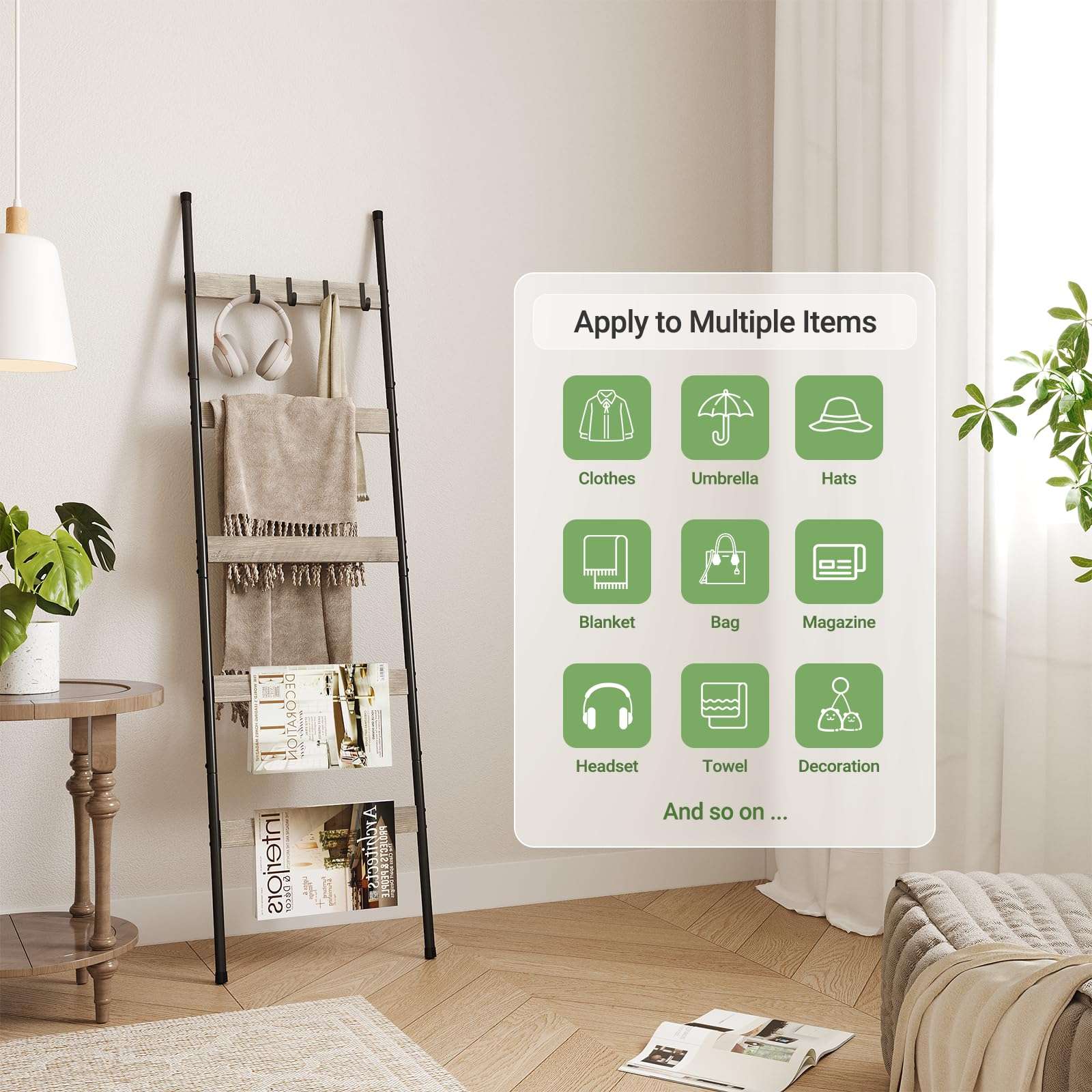 ELYKEN Blanket Ladder for Living Room, Farmhouse 5 -Tier Quilt Holder with 4 Removable Hooks for Bathroom, Wood Towel Rack Display, Wall Anchor Leaning Decorative Stand for Home Decor, White Oak 3