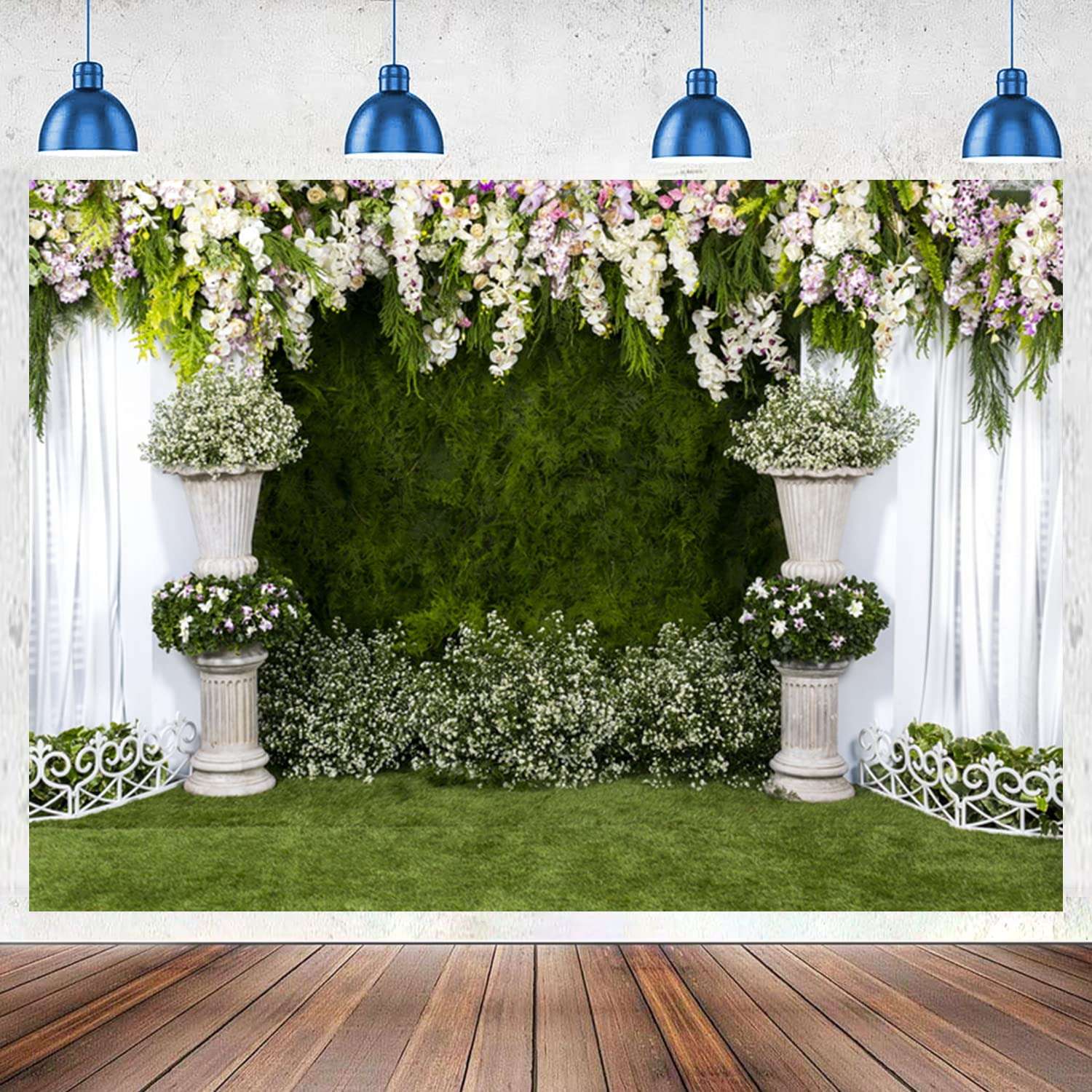 JASREE Vinyl 10x8ft Arch Wedding Flowers Backdrop Photography Background Stone Planter Flowers White Curtain Green Ivy Wall Decoration Outdoos Ceremony Green Grassfield Backdrop 3