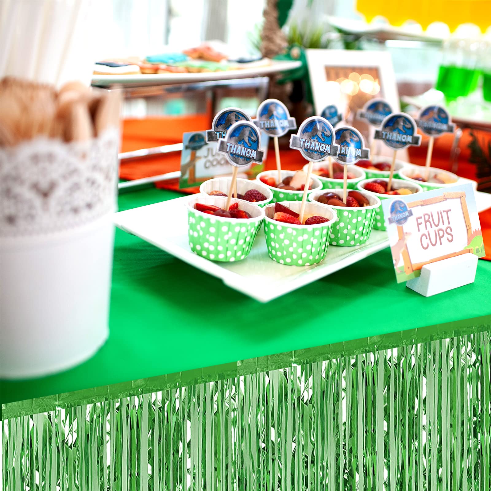 6 Pack 29x108 Inch Light Green Metallic Foil Fringe Table Skirts Banner for Tinsel Streamer Garland Curtains Backdrop for Parade Floats Baby Shower Birthday Christmas Halloween Party Decoration 4