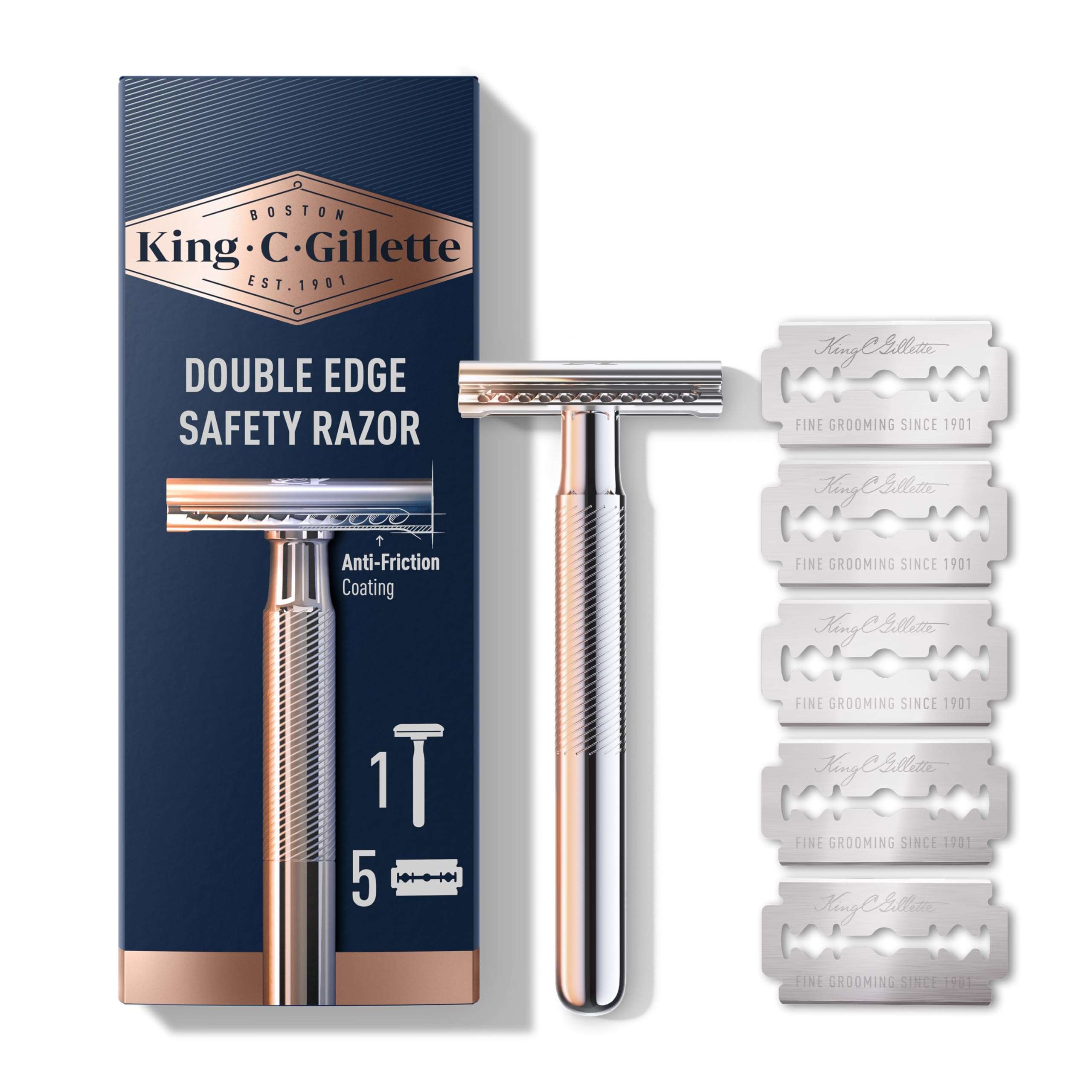 King C. Gillette Safety Razor with Chrome Plated Handle and 5 Platinum Coated Double Edge Safety Razor Blade Refills 1