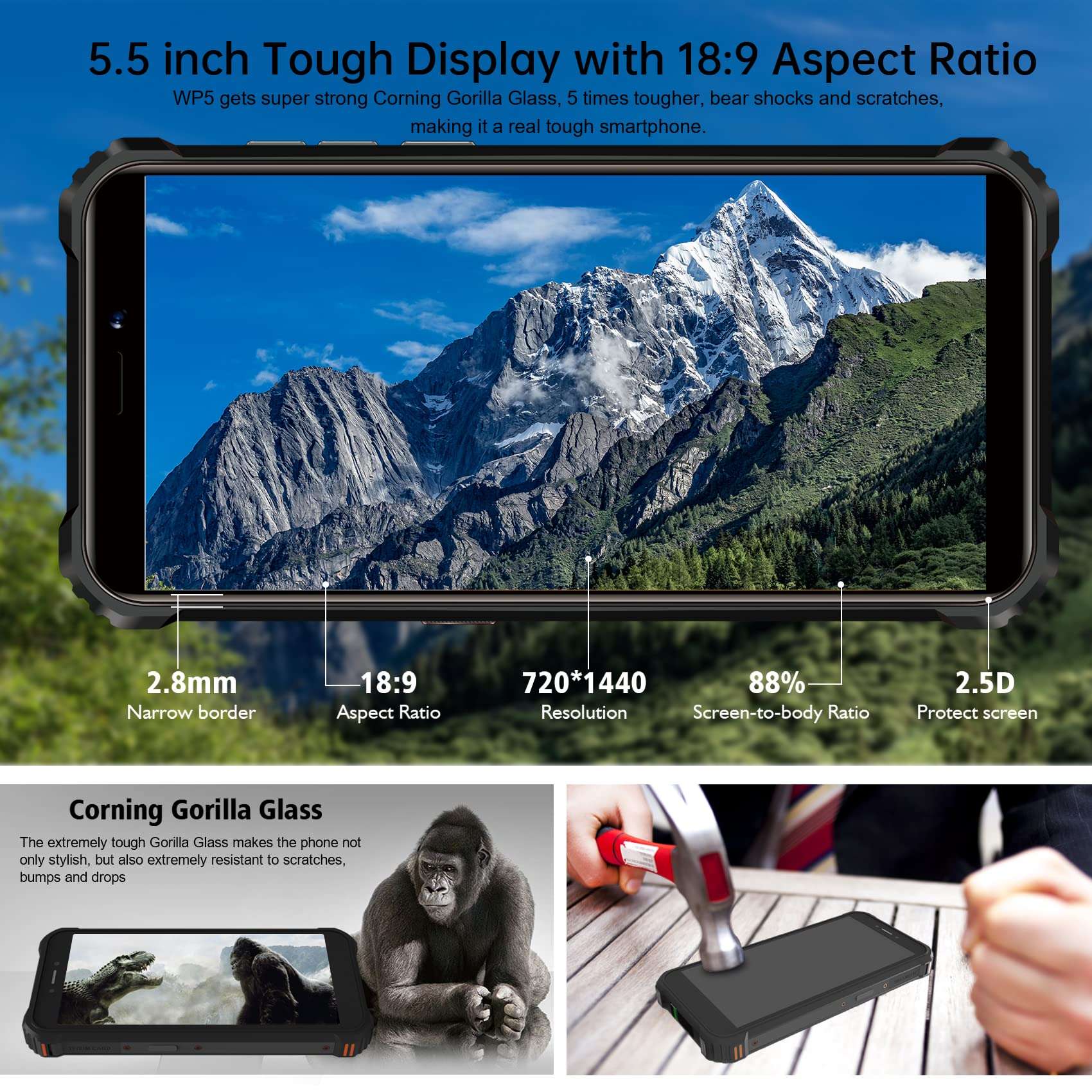 OUKITEL Rugged Cell Phone Unlocked WP5, 8000mAh Battery IP68 Waterproof Smartphone, 4GB RAM 32GB ROM (SD 256G) 5.5 HD+ Android 10 Rugged Mobile Phone, 13MP Triple Camera, Dual 4G Face ID/WiFi/GPS 4