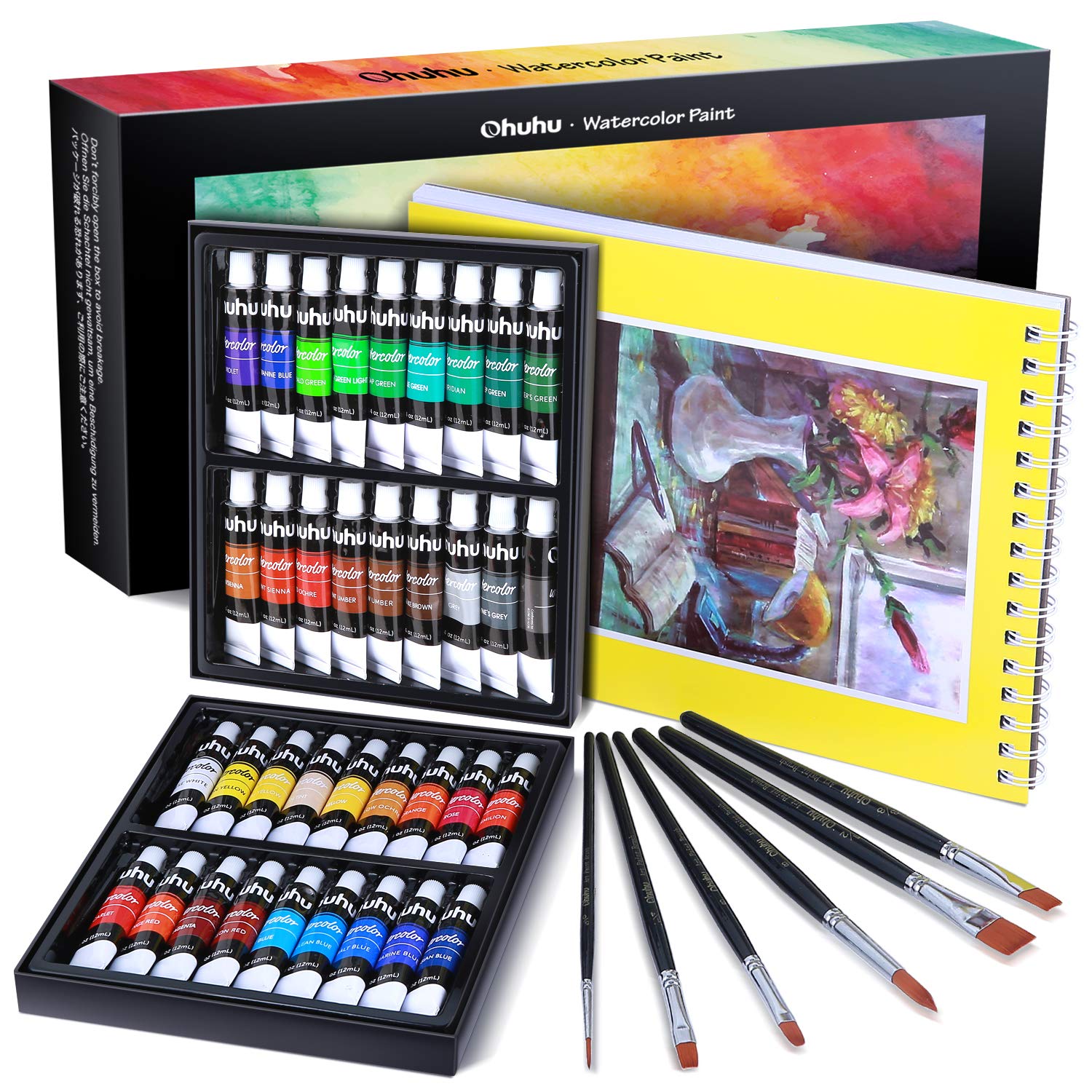 Watercolor Paint Tubes, 36 Water Colors Ohuhu Art Watercolors Painting Kit for Artists, Students, Beginners, Water-Color Paints Kit for Landscape Portrait on Canvas, 12ml Back to School Art Supplies 1