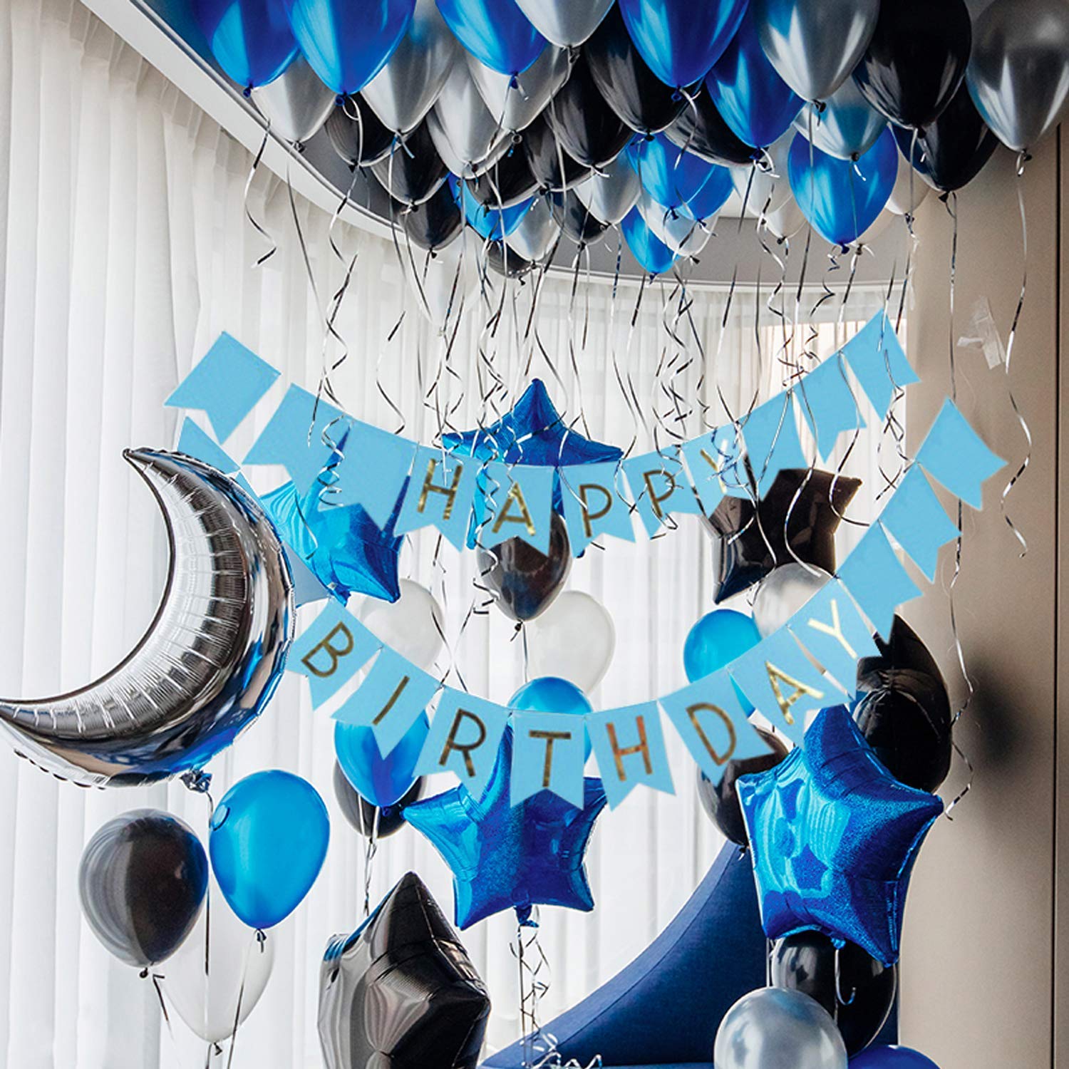 Theme My Party Blue and Silver Black with Blue Star foil Happy Birthday Banner Party Decorations 1