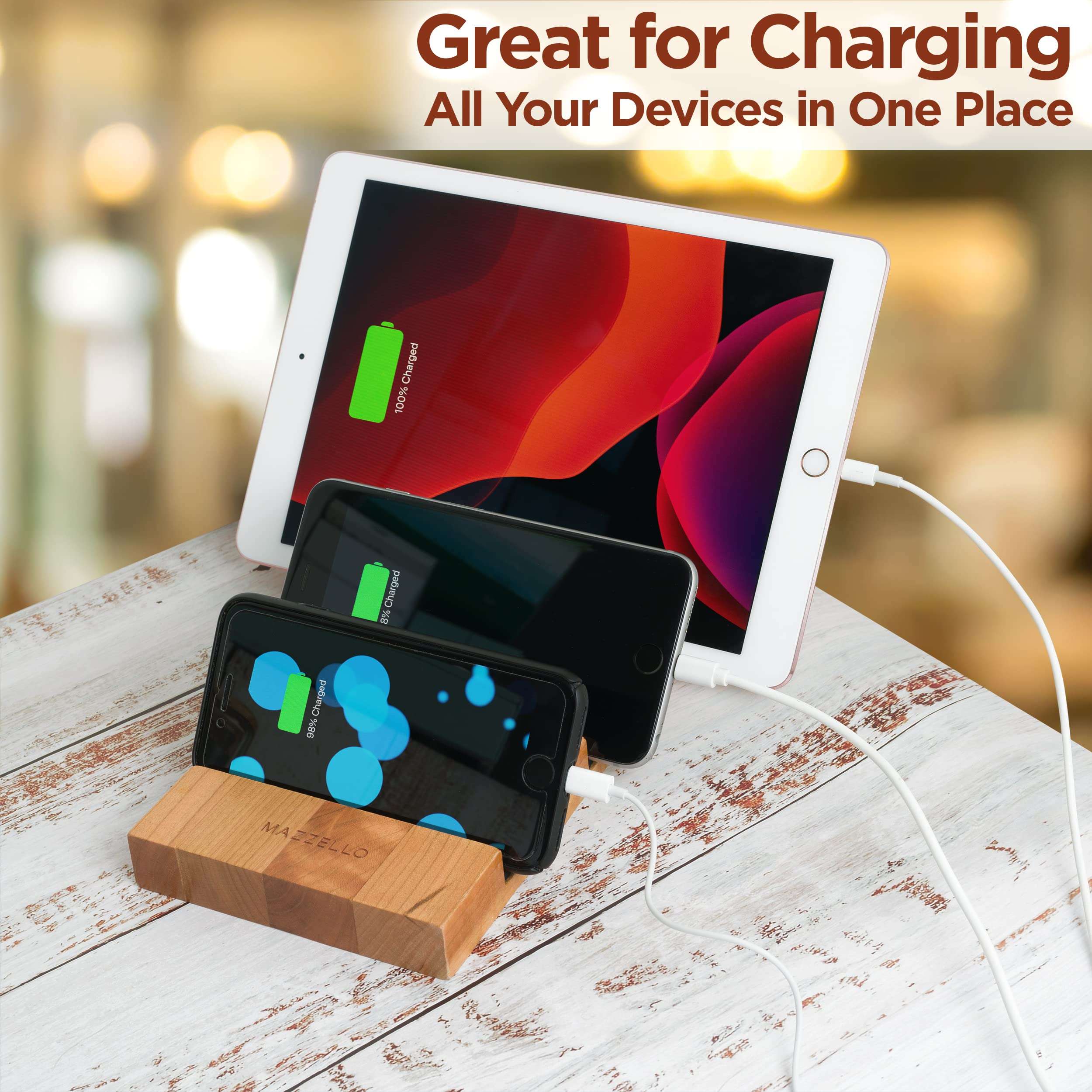 Mazzello Wood Phone Stand: Phone Caddy, Wooden Phone Holder, Cell Phone Holder, Wooden Docking Station Organizer, Device Charging Station Organizer. Wooden Phone Charging Station Organizer 2