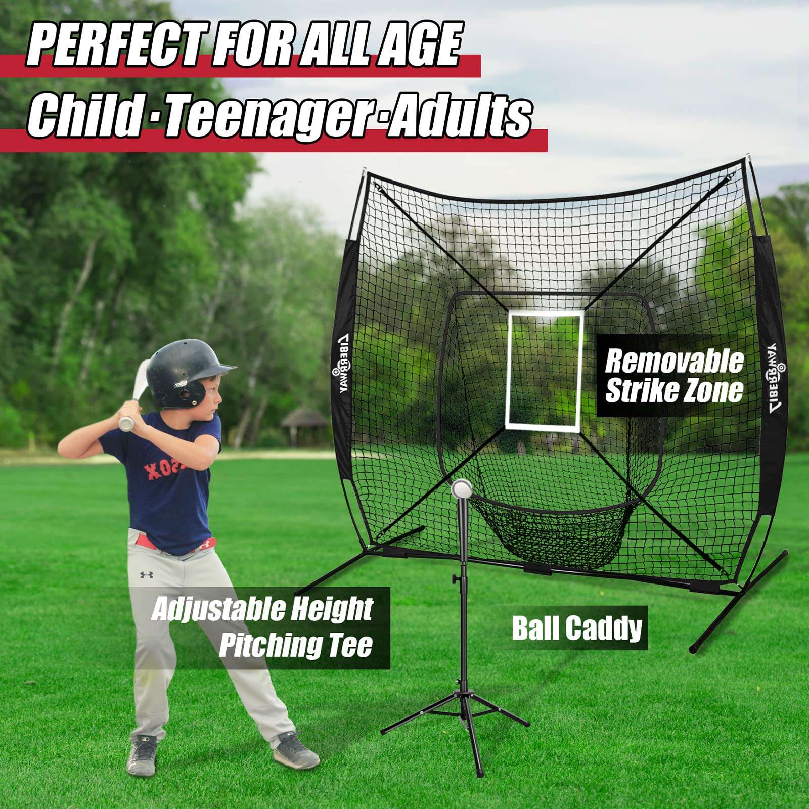 Baseball Net Set LIBERRWAY 7x7 ft Softball and Batting Net with 12 Count Baseballs, Adjustable Batting Tee & Caddy, Strike Zone, Baseball Hitting Practice Net for Adult Sport Youth Baseball Backyard 4
