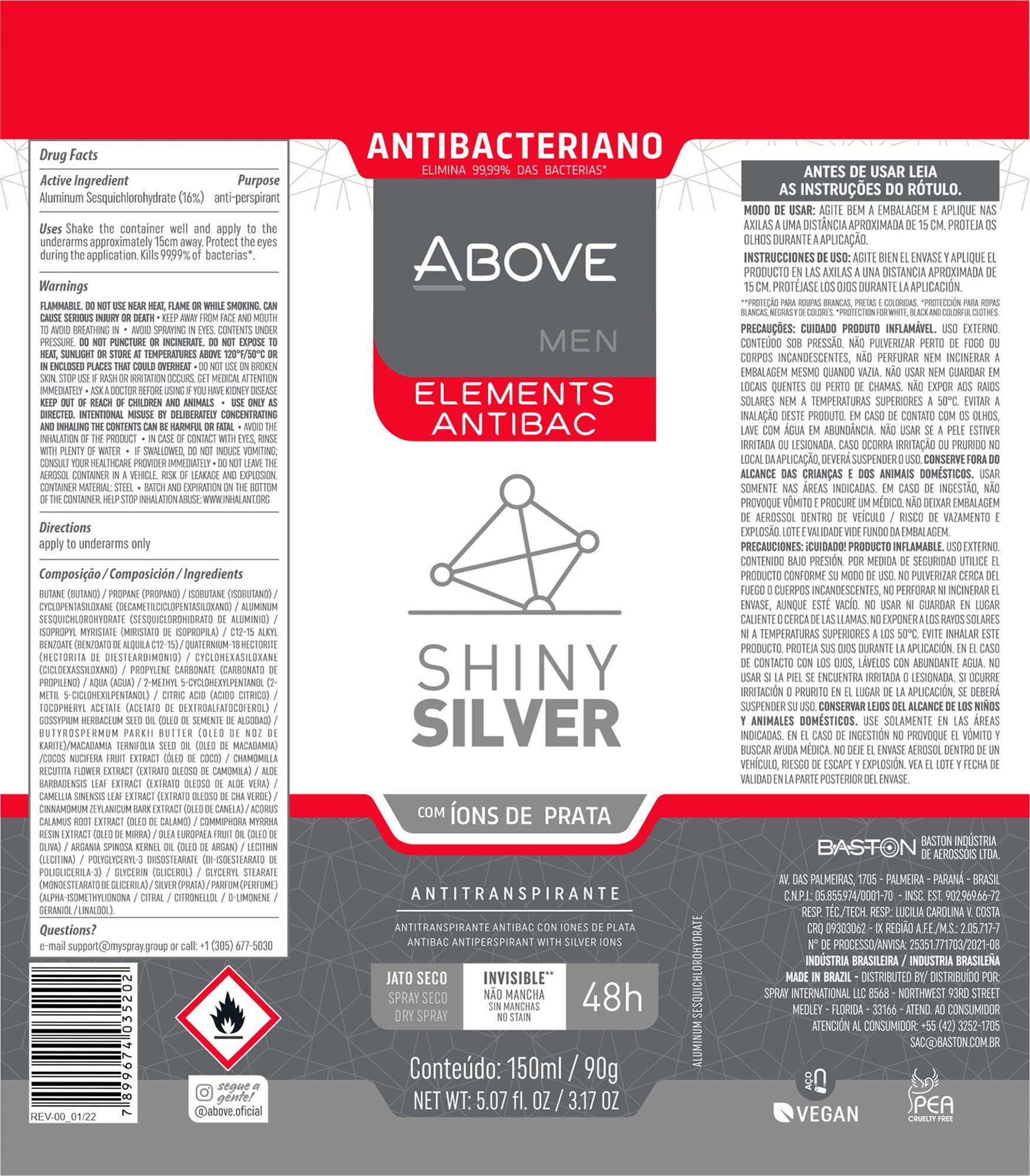 ABOVE Shiny Silver - 48 Hours Elements Antiperspirant Deodorant Set for Men - Notes of Jasmine and Mint - Dry Spray Protects Against Sweat and Body Odor - Instant Freshness - Stain Free - 4 pc 6