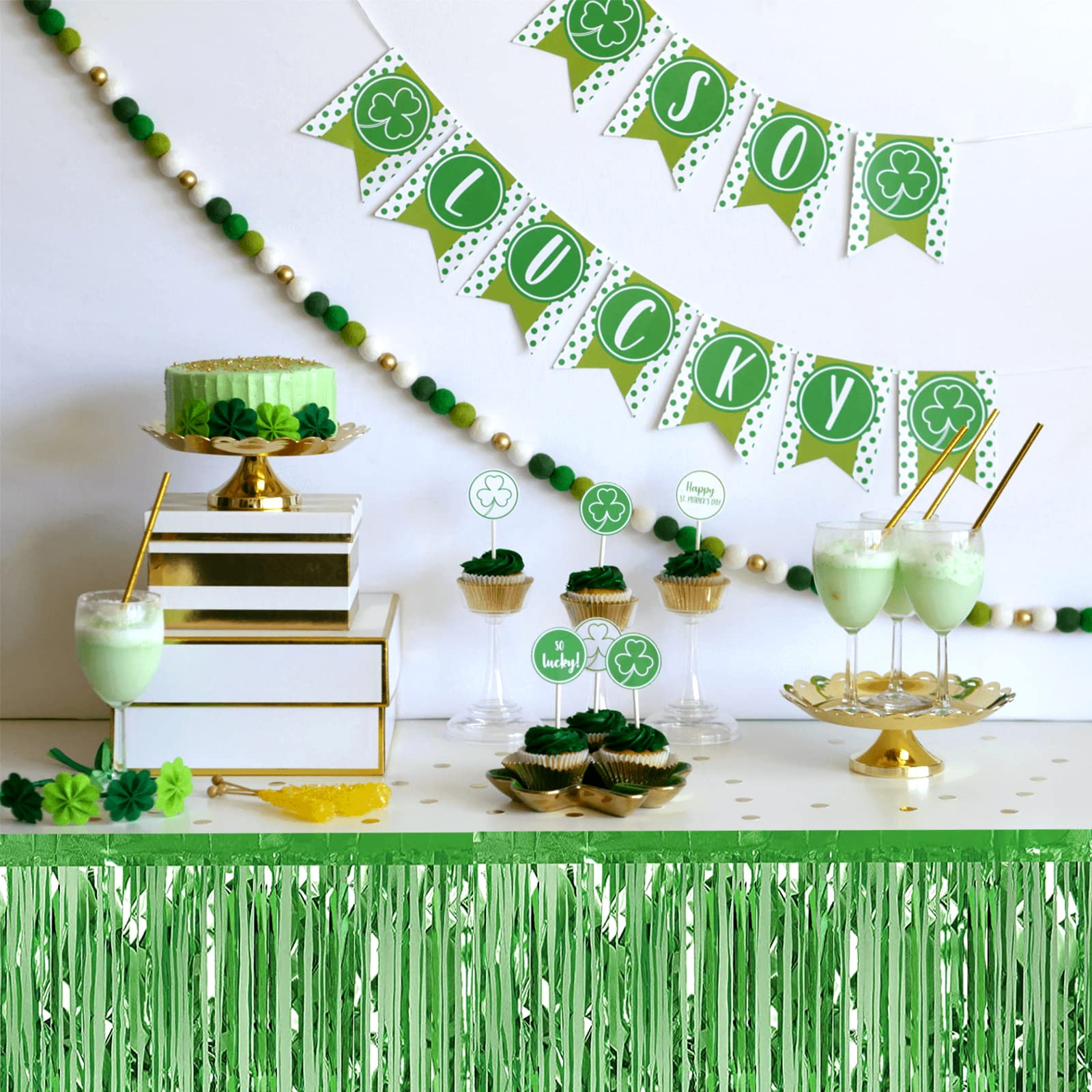 6 Pack 29x108 Inch Light Green Metallic Foil Fringe Table Skirts Banner for Tinsel Streamer Garland Curtains Backdrop for Parade Floats Baby Shower Birthday Christmas Halloween Party Decoration 6
