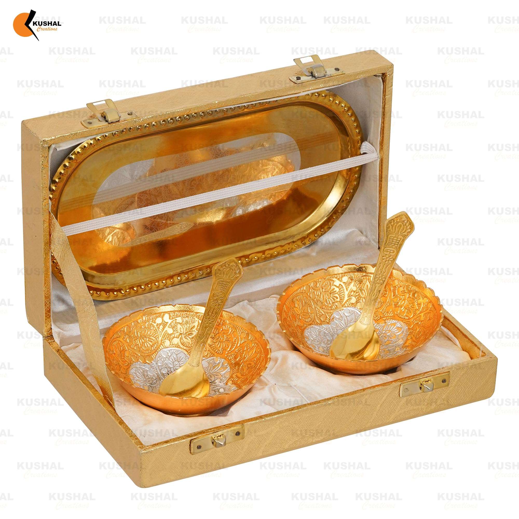 KUSHAL CREATIONS Silver Plated Festival Gift Silver Plated Brass Bowls Set of 5 Pcs. Golden Velvet Box Dinner Set with Tulsi Diya Set of 8 Pcs. 4