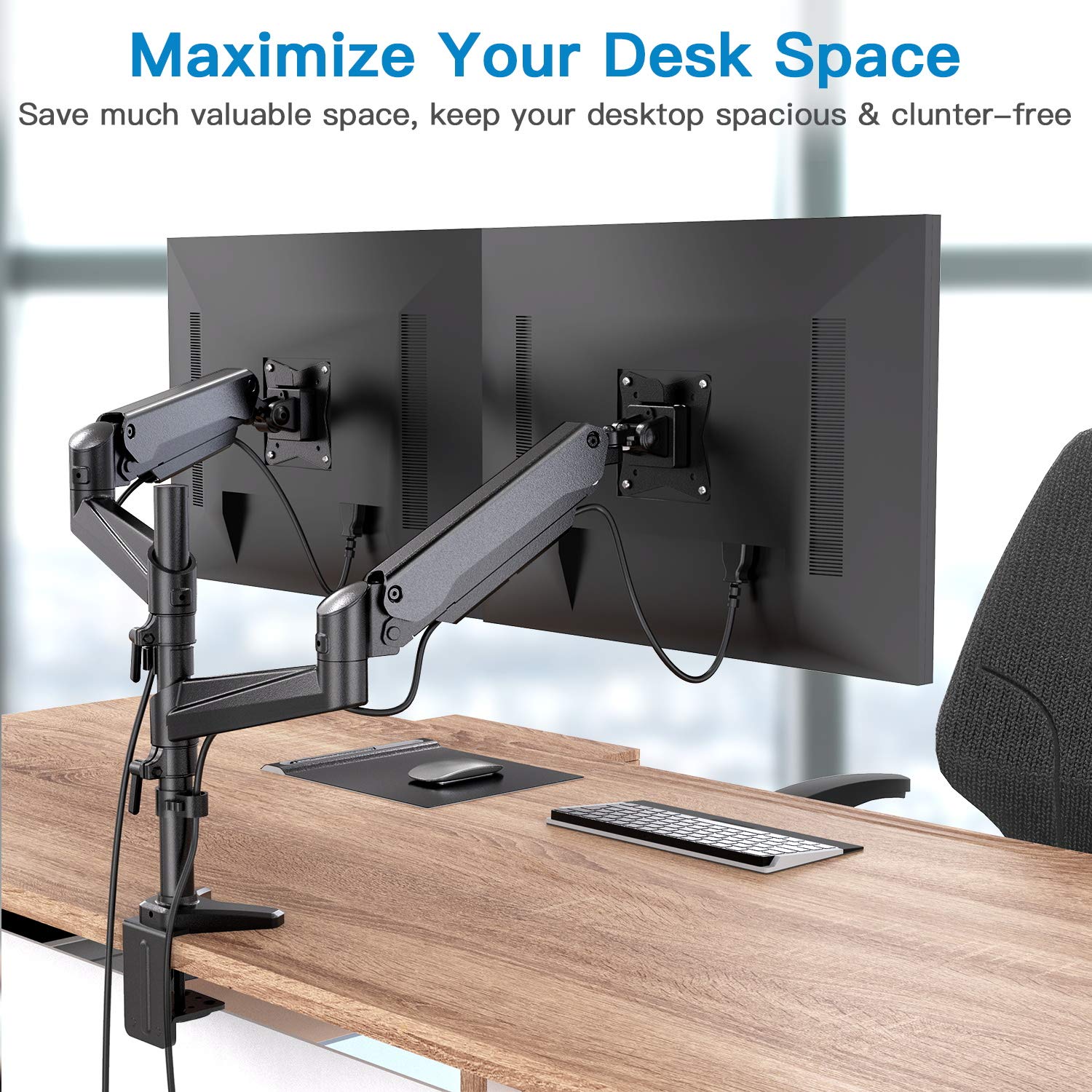 HUANUO Dual Monitor Mount Stand - Aluminum Gas Spring Arm Height Adjustable Monitor Desk Mount VESA Bracket for Two 17 to 32 Inch Flat / Curved LCD Computer Screens with C Clamp, Grommet Base, Black 4