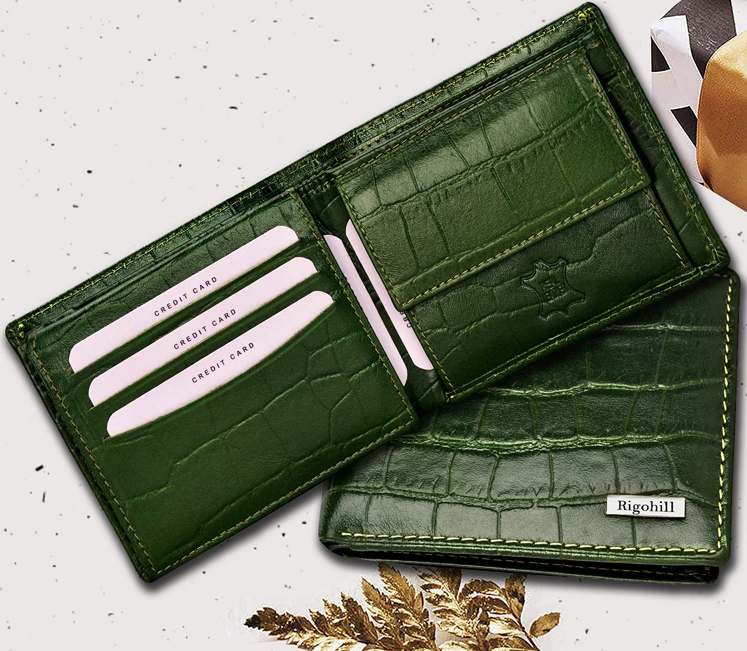 Rigohill Martin Green Leather Wallets for Men, Keyring & Pen Combo Gift Set for Men | Wallet Men Leather Branded 5