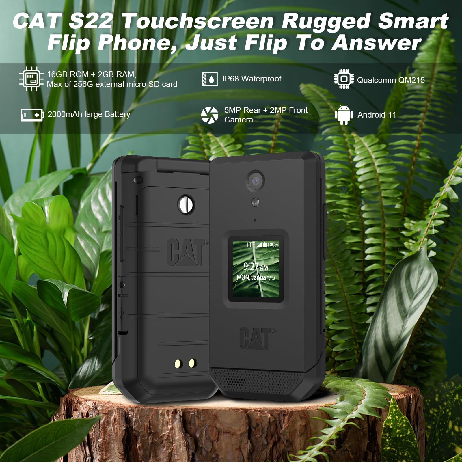 CAT S22 Rugged Flip Phone Unlocked (16GB) 2.8'' Touchscreen Smart Cell Phone Android 11, IP68 Water Resistant, 4G LTE GSM Single Sim (Black) 2