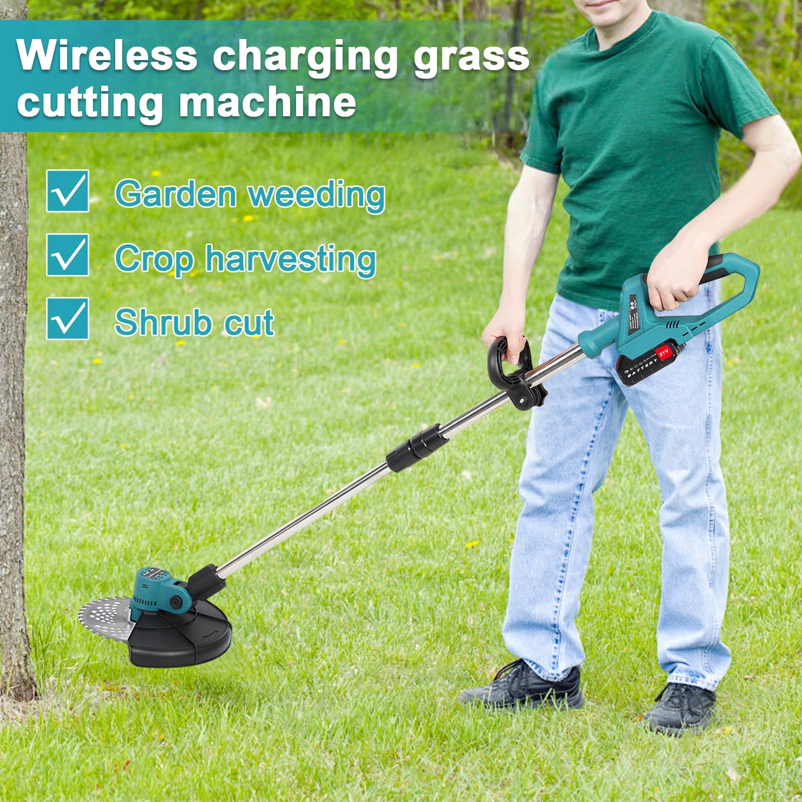 qofezuey 21V Weed Wacker, Electric Weed Eater, Cordless String Trimmer with 1 Charger and 2 X 2.0Ah Battery, Retractable Weed Eater, Rechargeable Handheld Lawn Mower for Lawn, Garden Navy Blue 9 Inch 3