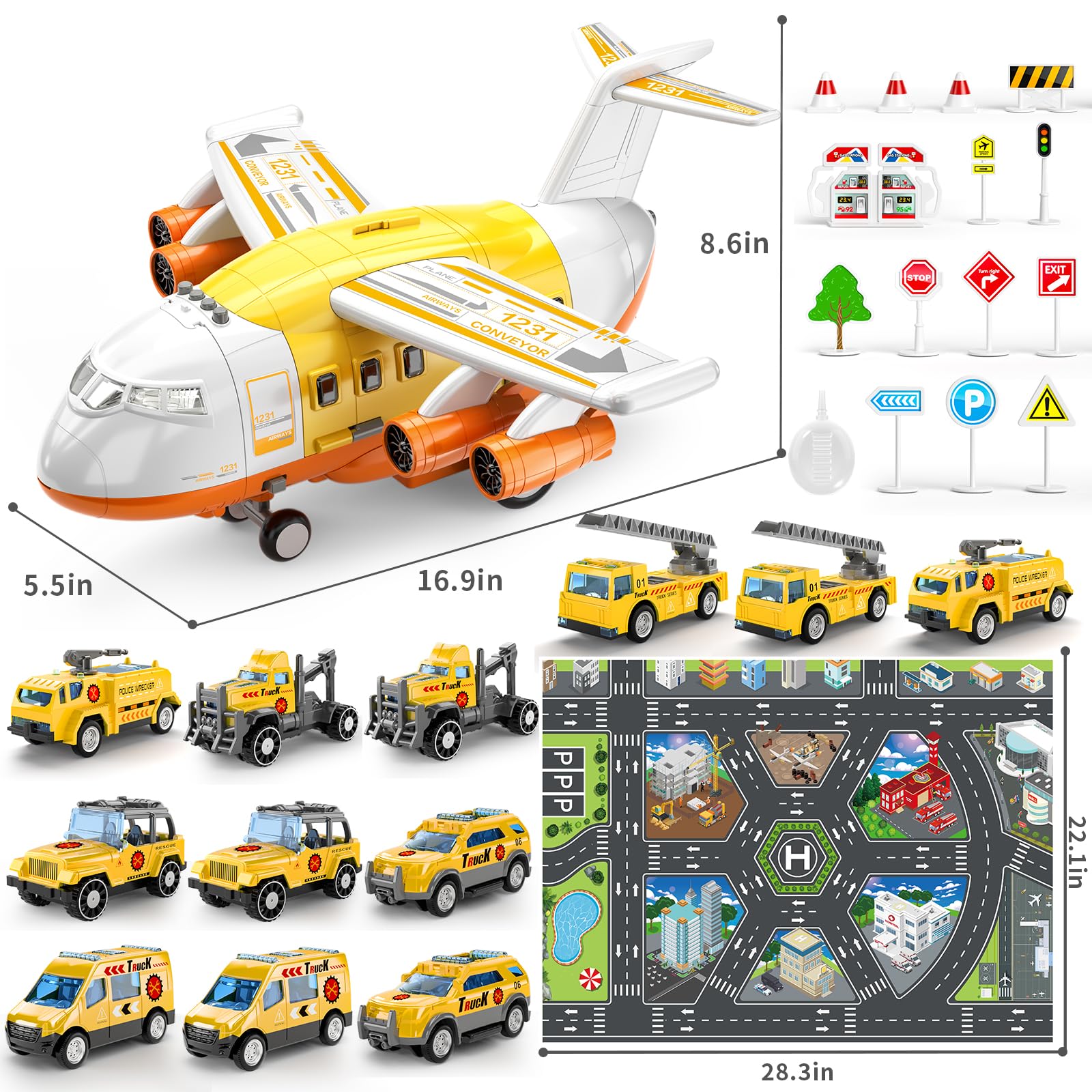 TEMI Toddler Airplane Toys for 3 Year Old, Toy Airplane for Boys Age 4-7, Large Spray Transport Airplane Toy with 12 Construction Vehicles, Toys for 3 4 5 6 7 8 Years Old 6