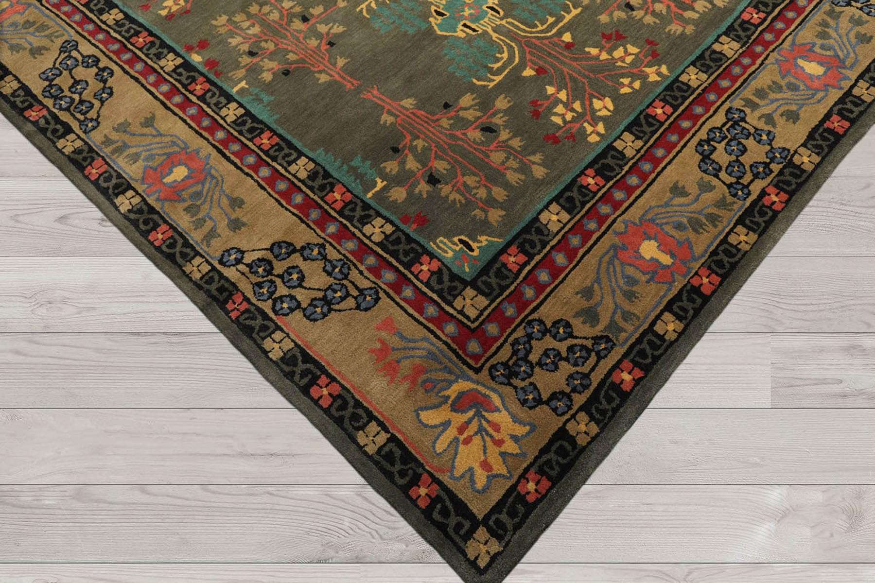 LoomBloom 6x9 Hand Tufted Hand Made 100% Wool Donegal Branches Arts & Crafts Oriental Area Rug Gray with Green Undertone,Moss Color 5