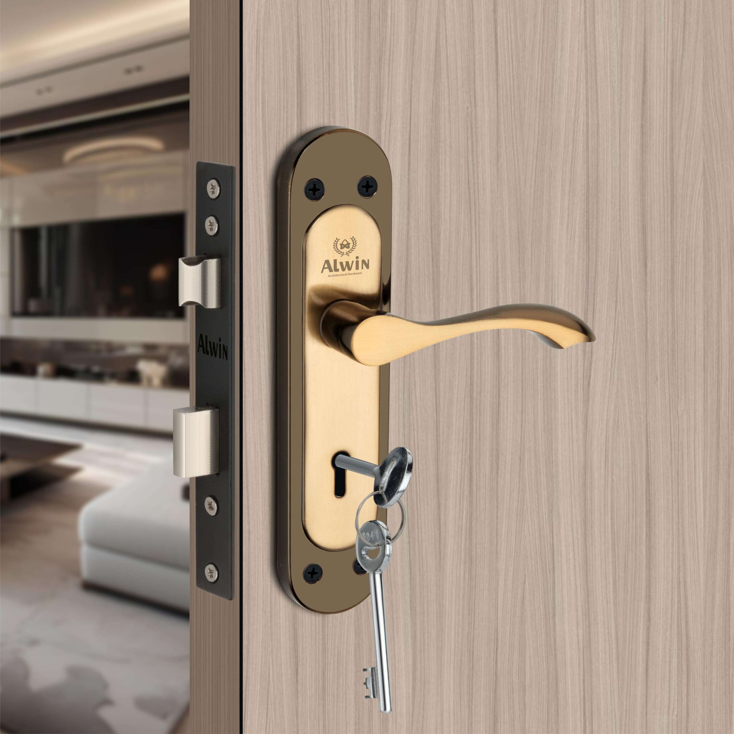 Alwin Royal Oval BG, 8'' Iron Mortise Lockset, 6-Lever, 2 Turn Locking Suitable for Left & Right Handed Maindoor, Bedroom, Living Hall Door in Home, Offices & Hospitals(Black & Gold) 1