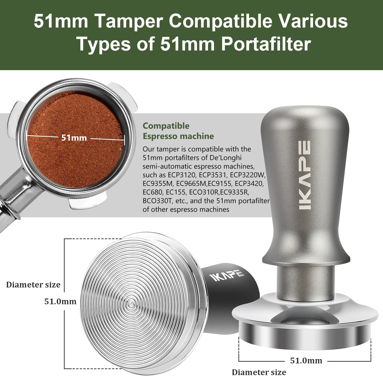 IKAPE 51mm Espresso Tamper, Premium Barista Coffee Tamper with Calibrated Spring Loaded, 100% Flat Stainless Steel Base Tamper for Espresso Machine 4