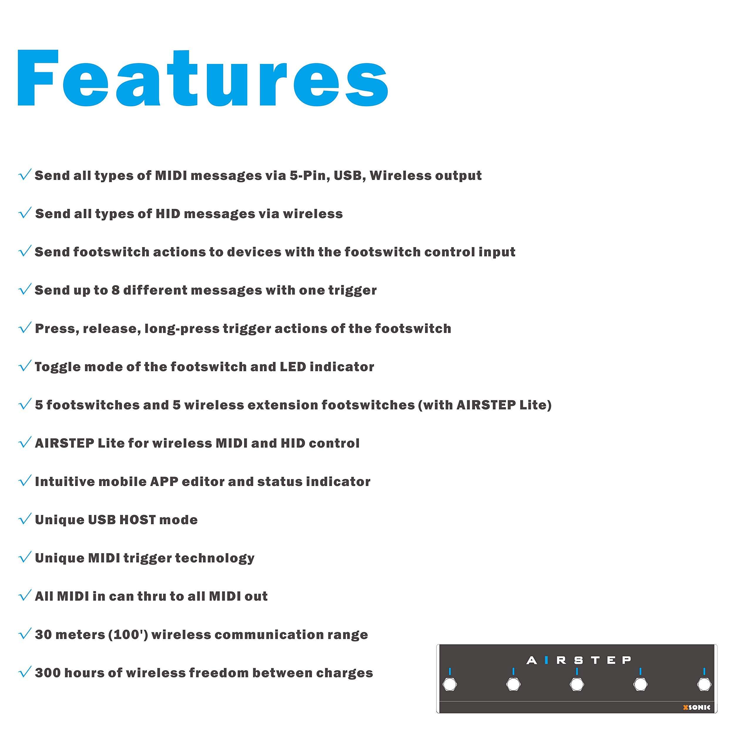 XSONIC Airstep Smart Multi Controller with MIDI, HID, 5 Footswitch, 2 Expression Pedal In, 300H Playtime, Support HX Stomp, Quad Cortex, DAW, Plugin, Youtube Video, Page, Atem, Hands Free Controller 6