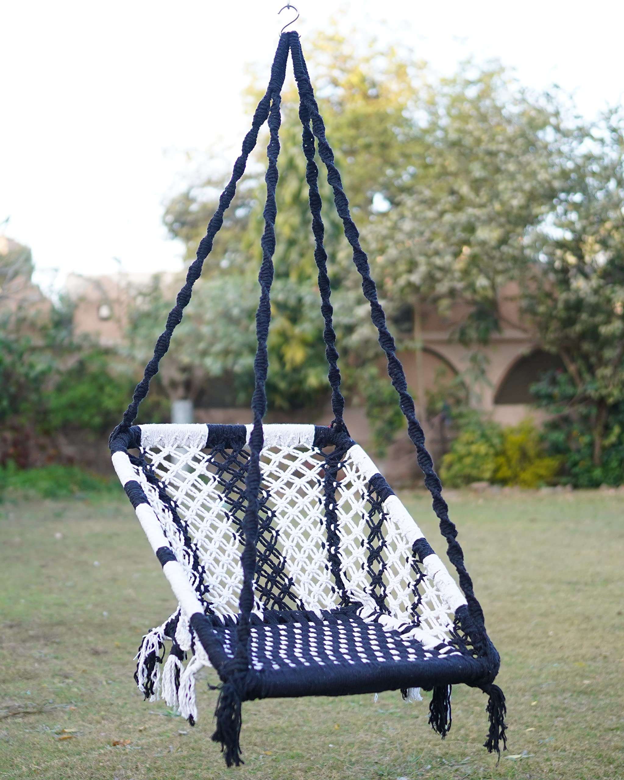 Swing for Adults/Jhula for Adults/Swing for Living Room, Swing for Balcony/Swing Chair/Swing for Adults for Home/Cotton Large Rectangle Hanging Swing with Hanging Kit (Black-White) by Patiofy 1