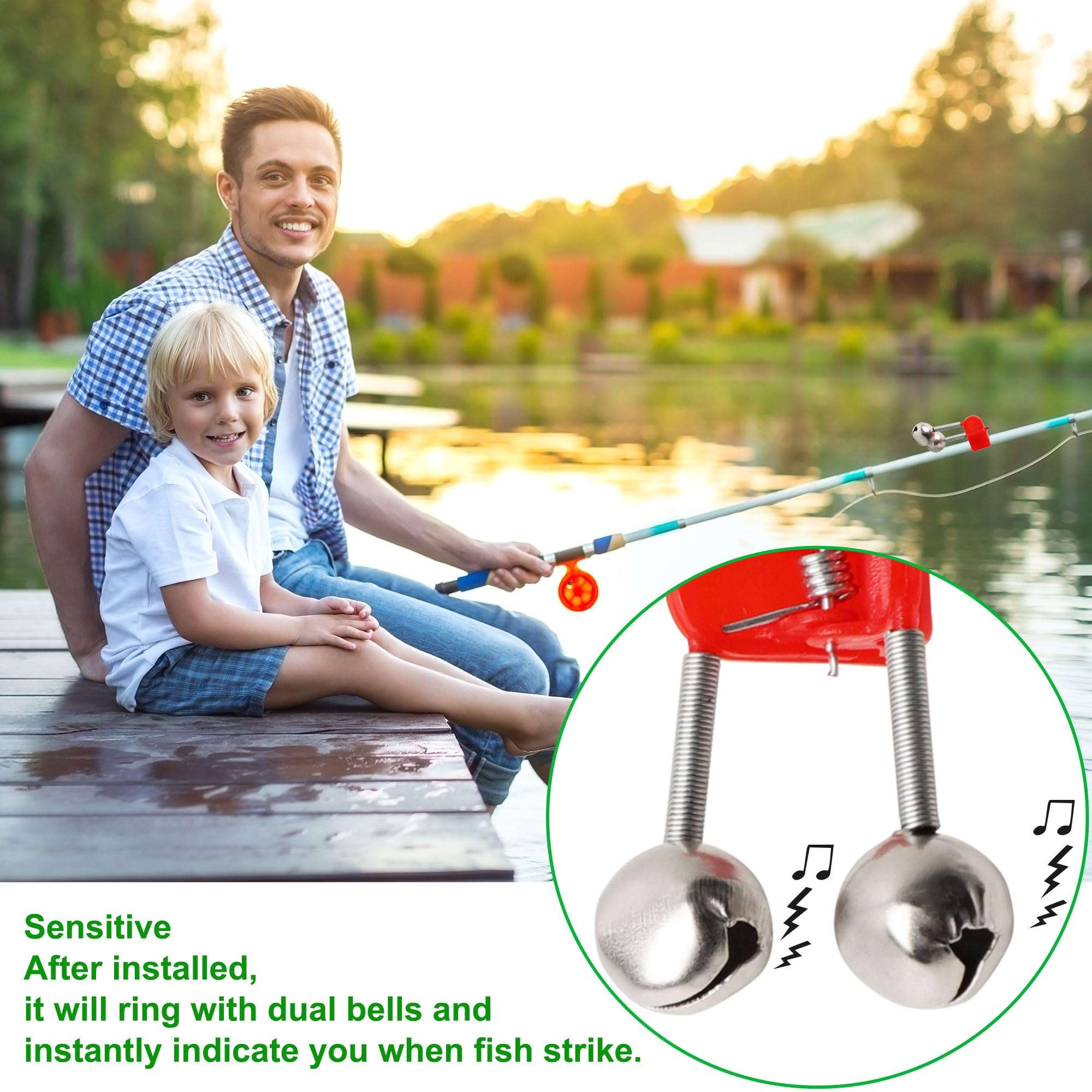uxcell 20 Pcs Fishing Bells Plastic Clamp Fishing Rod Bite Bait Alarm with Twin Bells Ring Red Silver Tone Fishing Pole Bells 4
