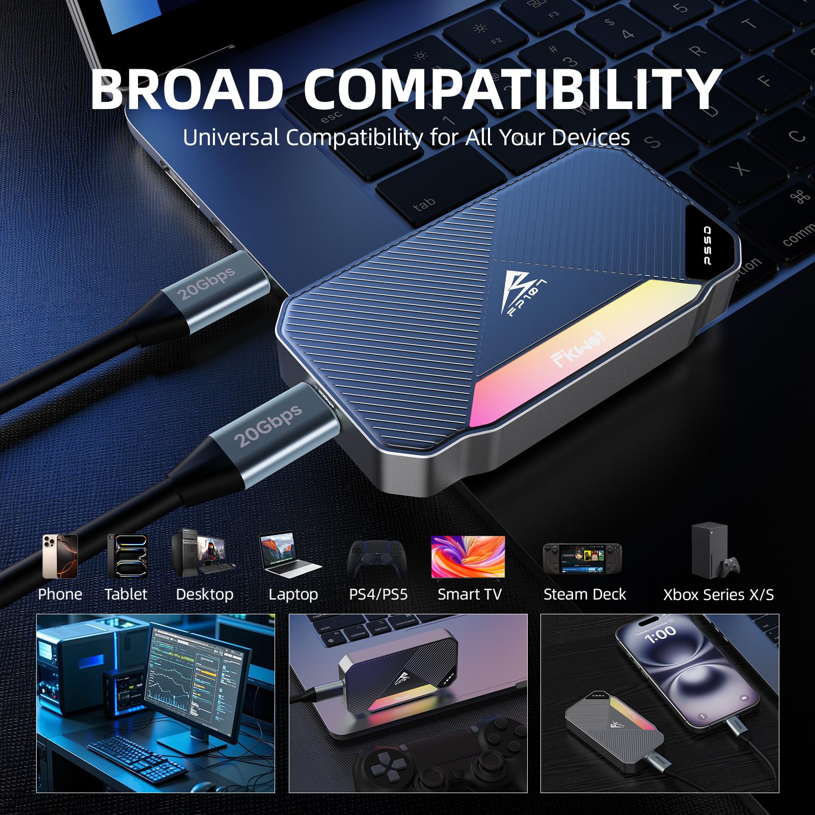 Fikwot FP107 4TB Magnetic Portable SSD, 2050MB/s USB 3.2 Gen 2x2 Portable SSD with RGB Lighting, 4K Video Storage, External Solid State Drives for iPhone15/16, Android/PC/Mac, PS5/PS4(Pro) etc. 6