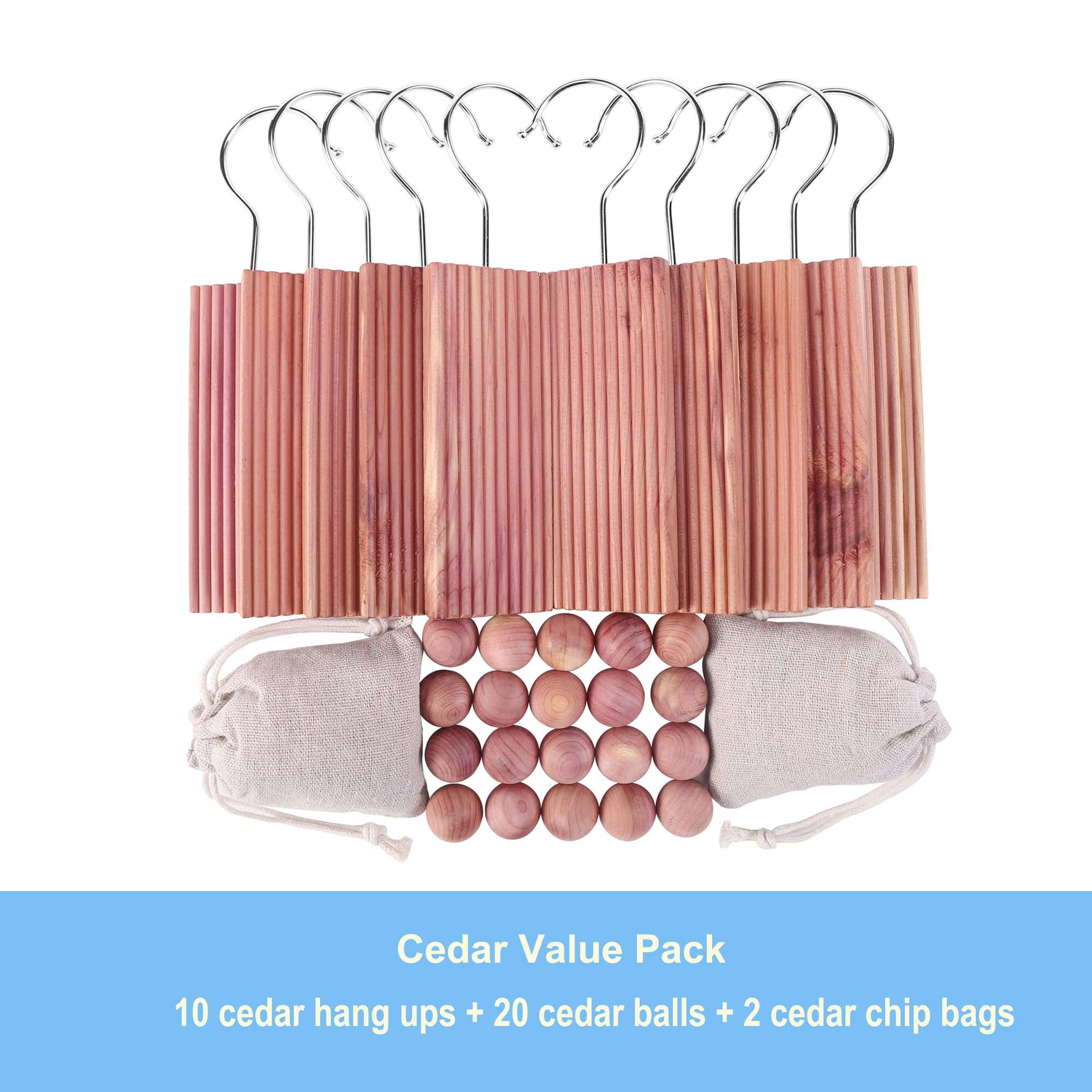 Brite Lightingtech Cedar Blocks for Clothes Storage, Red Cedar Hang Ups 10pcs Cedar Balls 20pcs and Cedar Chip Bags 2pcs for Closet Storage Totally 32PCs 6
