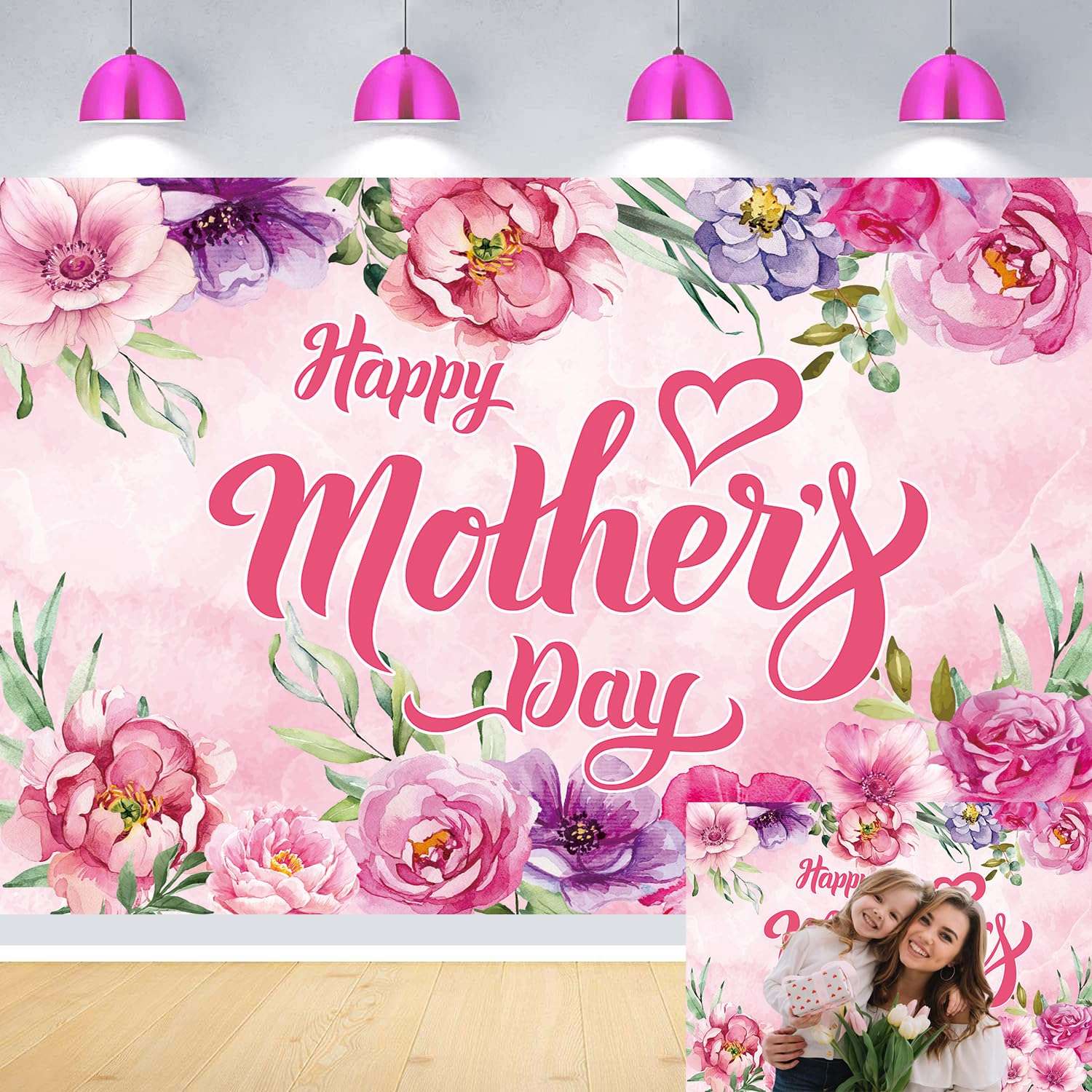 Happy Mother's Day Party Backdrop 10x8FT I Love Mom Photography Background Pink Flower Women Queen's Day Thanks Mama Banner Photo Props 120x96 inch 1