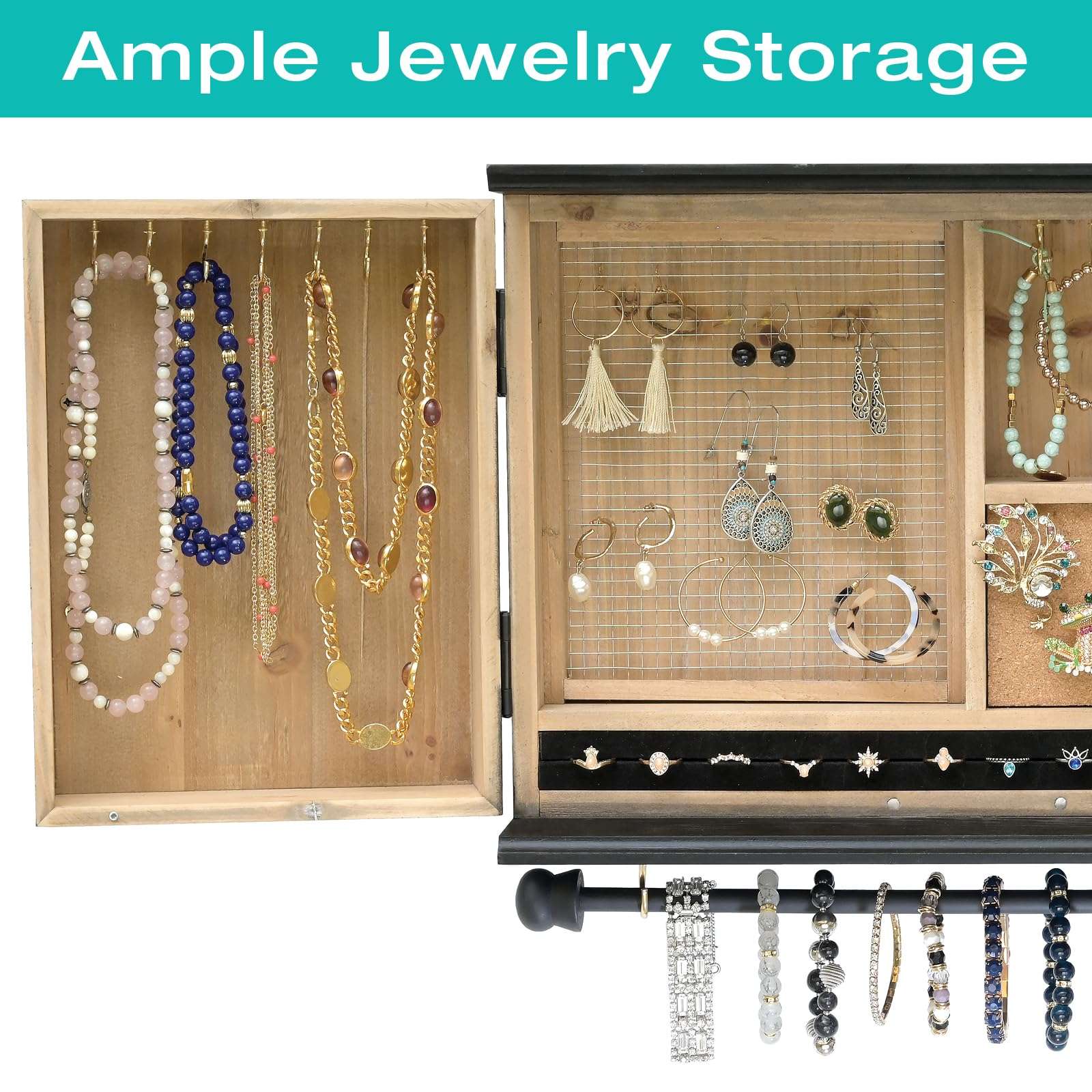 Wall Mounted Jewelry Organizer with Herringbone Wood Pattern. Jewelry holder for Necklaces, Earings, Bracelets, Ring Holder, and Accessories. Includes hooks for hanging jewelry - Black & Brown 4