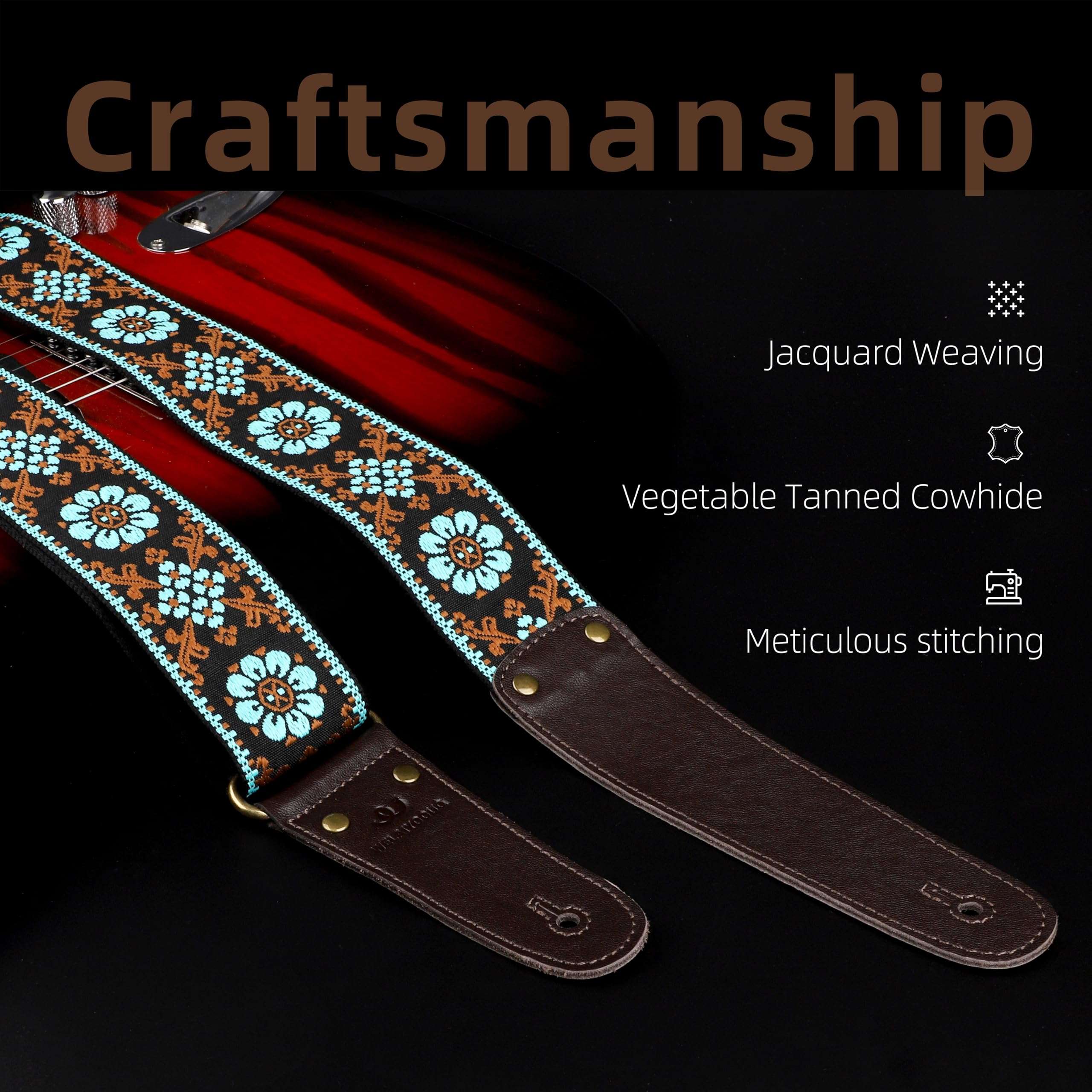 Guitar Strap, Double Cowhide Leather End, Set for Bass/Electric/ukulele/Acoustic Guitars, Vintage Jacquard Adjustable Straps, Free Headstrap and Leather Headband（Embroidered Blue Flower Gold Vine） 4