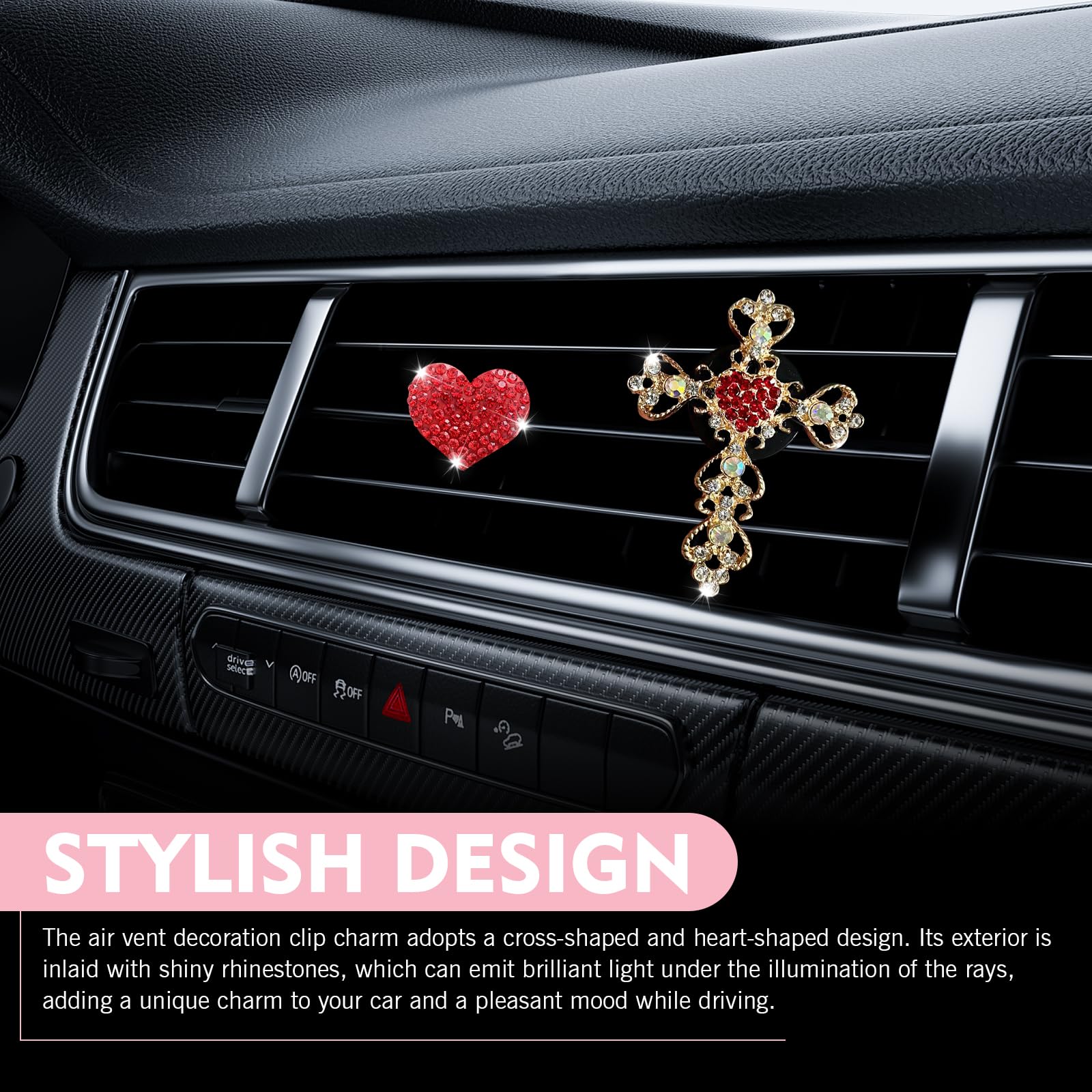 Qurbuns 2 PCS Bling Rhinestone Car Air Vent Clip, Crystal Cross & Heart Car Air Conditioning Outlet Decoration, Universal for Most Cars (Red) 5