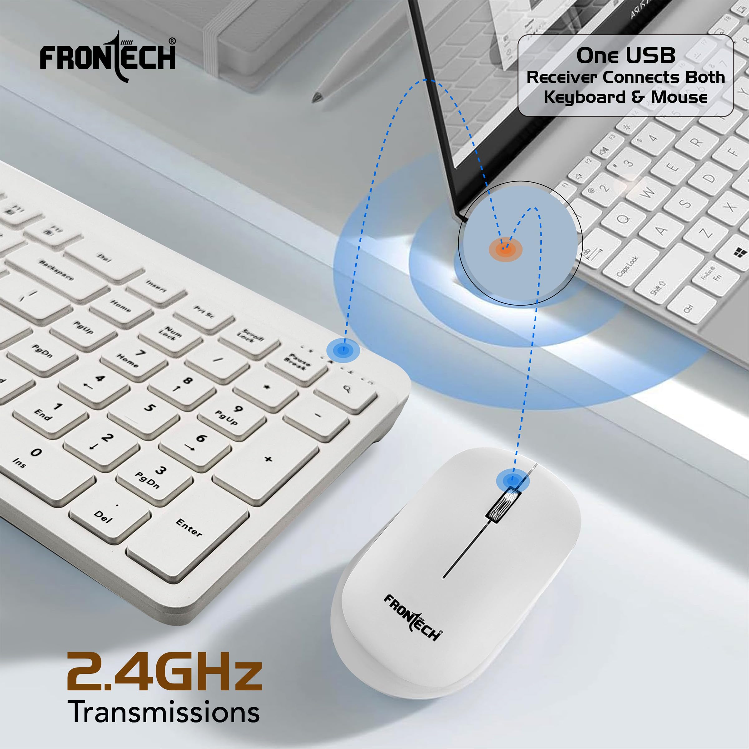 Frontech Wireless Keyboard & Mouse Combo–2.4GHz, 106 Keys, 3200 DPI Mouse, Power-Saving Design, 3-Year Warranty, White (KB-0030P) 6