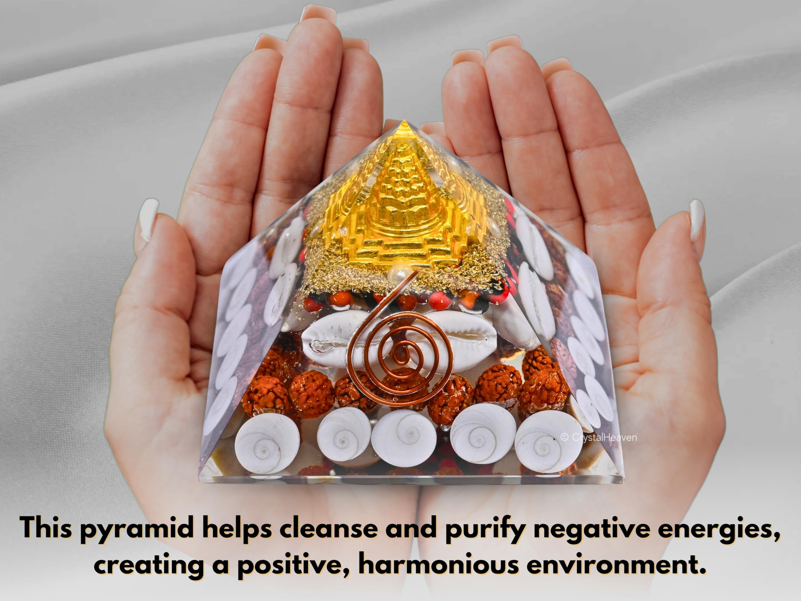 Laxmi Pyramid Original Certified Gomati Chakra, Rudraksha, Cowrie Kodi Maha Laxmi Pyramid - 90mm Large Orgonite Pyramid with Shree Yantra - Pooja Vastu Items for Home for Good Luck, Money & Wealth 6