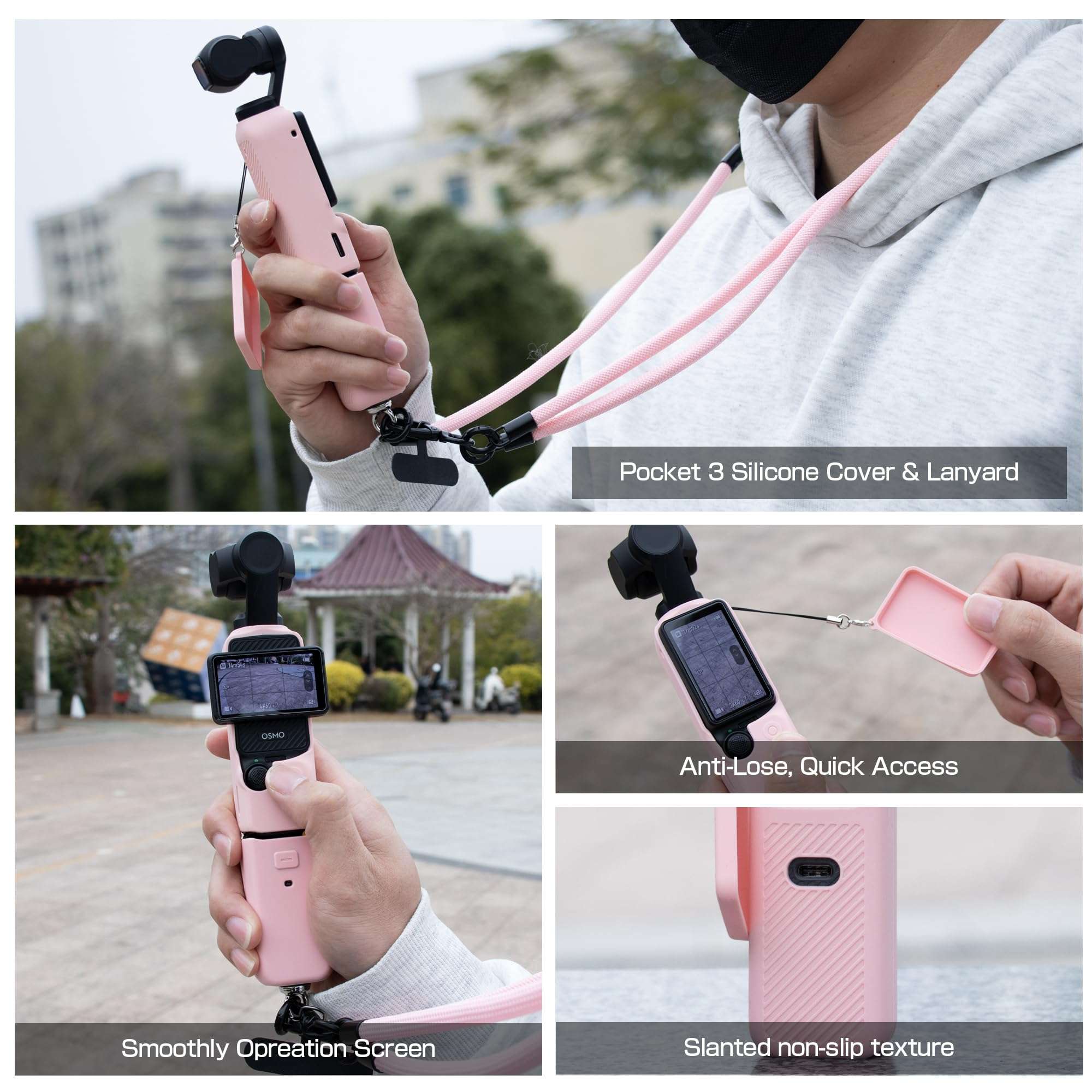 Pocket 3 Silicone Cover, OSMO Pocket 3 Creator Combo Accessories, Full Body Protective Kit with Camera/Battery Grip/Lens Covers, Microphone Cover, Threaded Handle Cover & Lanyard(Pink) 3