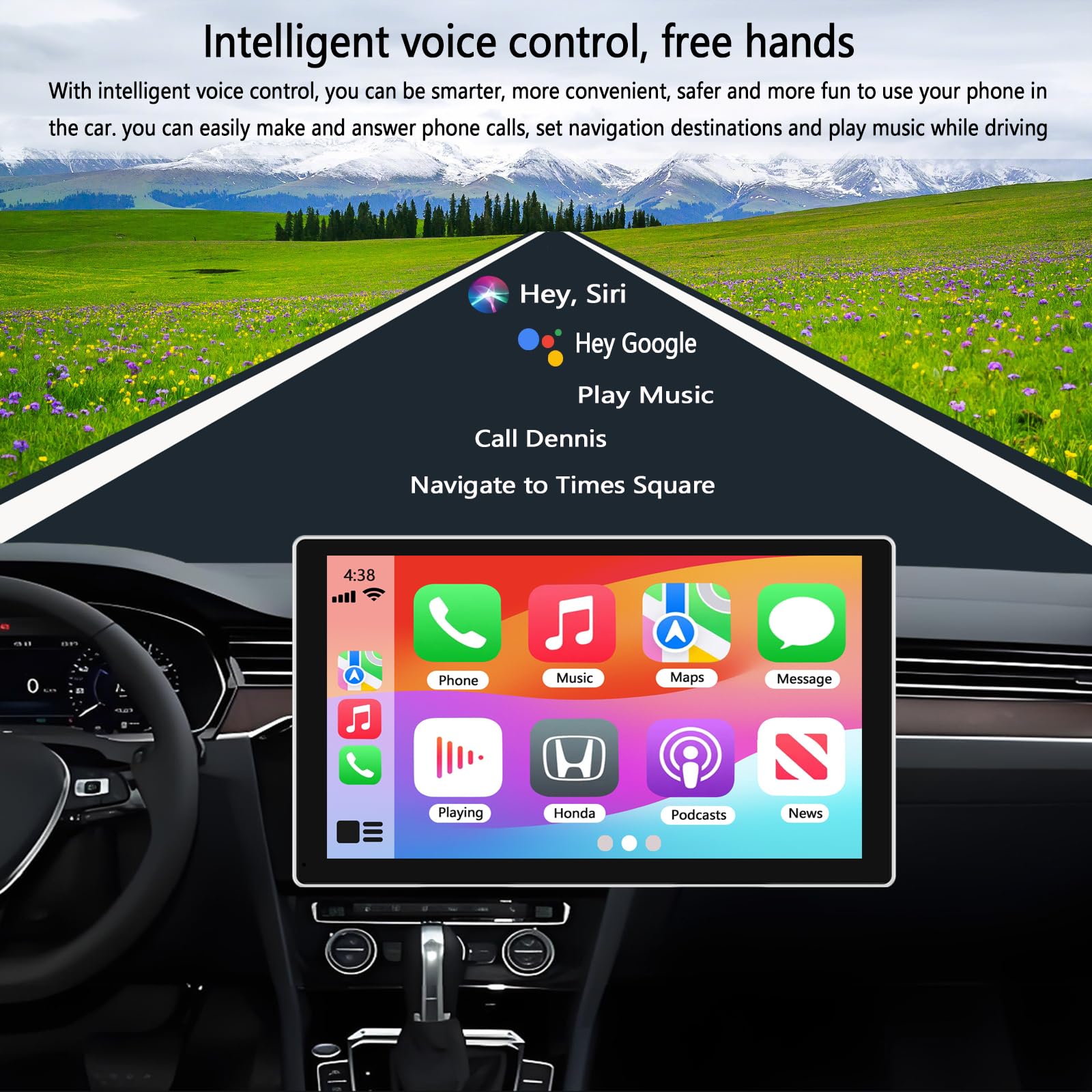 Portable Carplay Screen for Car, 9" Touch Screen Double Din Portable Car Stereo Compatible with Wireless Apple CarPlay and Android Auto/Miracast/Navigation/Bluetooth/Siri 4