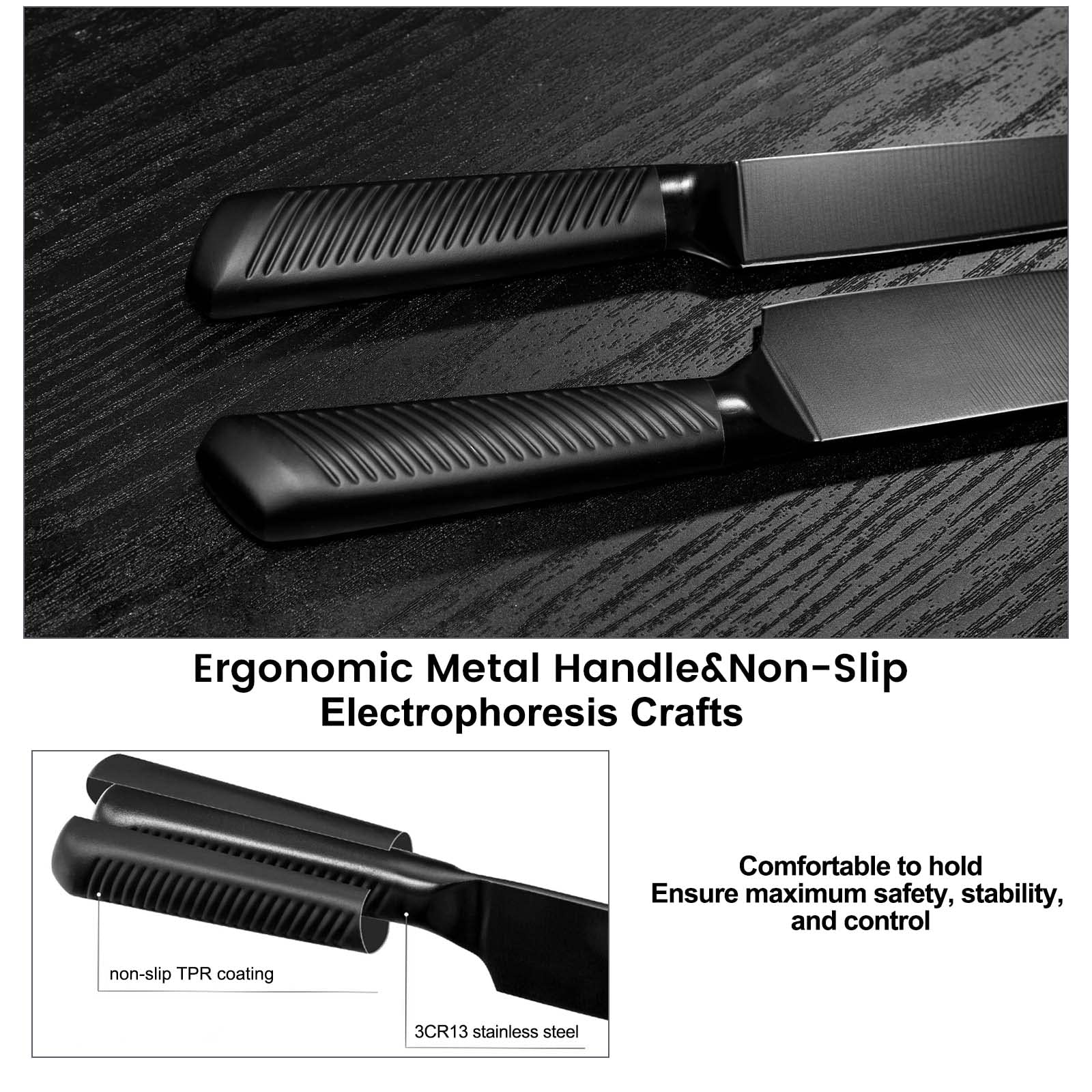 Knife Set, 15 Pieces Black Kitchen Knife Set with Wooden Block, Non-Stick Coating Chef Knife Set with Knife Sharpener for Self Sharpening, German Stainless Steel Knife Set with 6 Steak Knives, Black 6