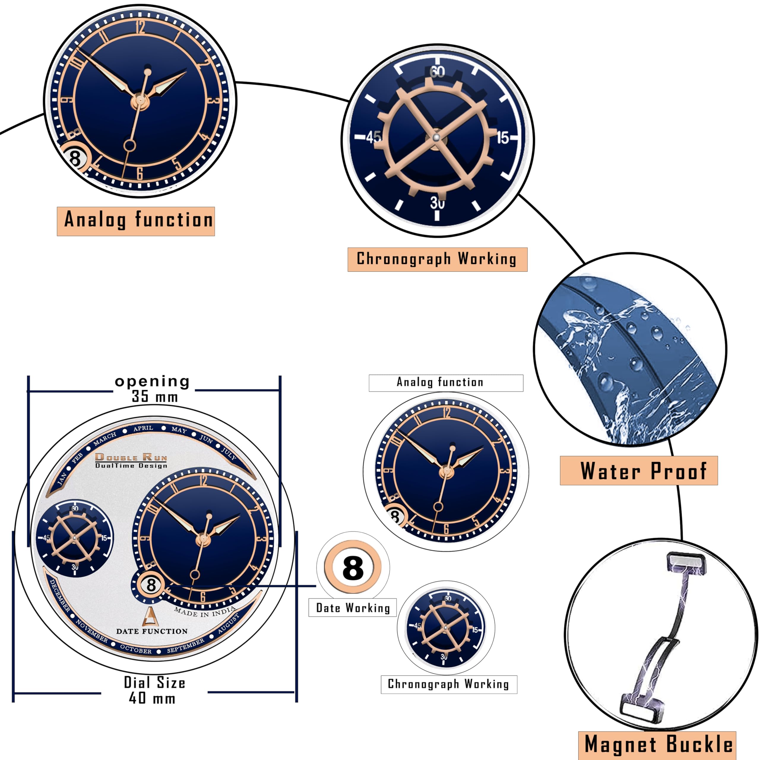 DOUBLERUN Chonograph Date Function Analoge Silicone Magnetic Belt Watch for Men, Series S-170-23 6