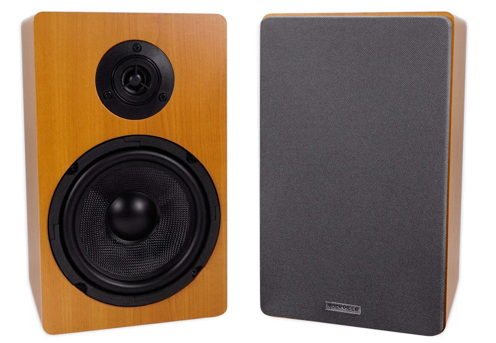 Audiosavings Bundle: Amp Gray WiFi Streaming Home Amplifier Bundle with (2) Rockville RockShelf 68C Wood 6.5" Home Theater Speakers & (2) Rockville BN20 Cable (5 Items) 6