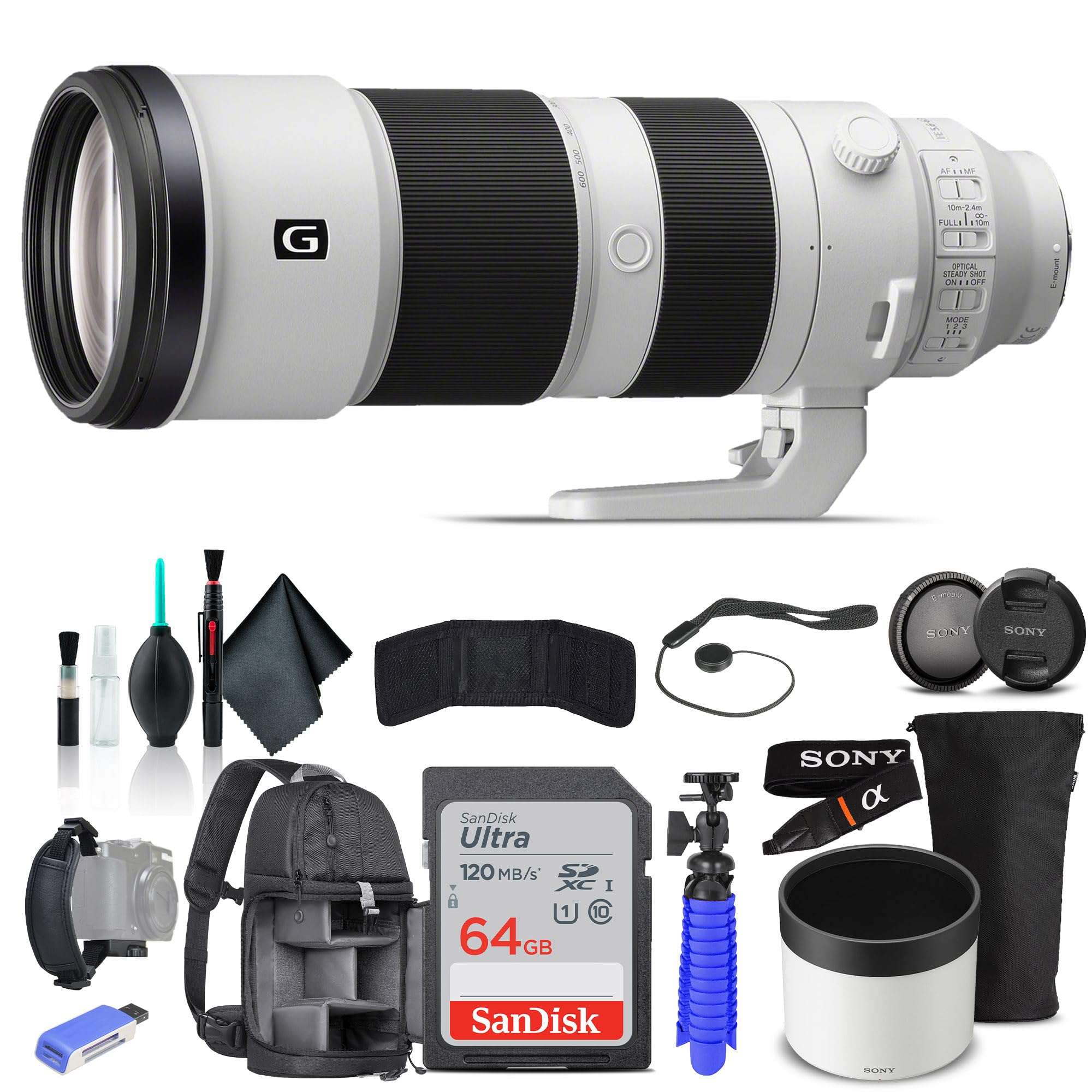 Sony FE 200-600mm f/5.6-6.3 G OSS Lens SEL200600G, Backpack, 64GB Card, Card Reader, Flex Tripod, Memory Card Wallet, Cap Keeper, Cleaning Kit, Hand Strap, and More 1