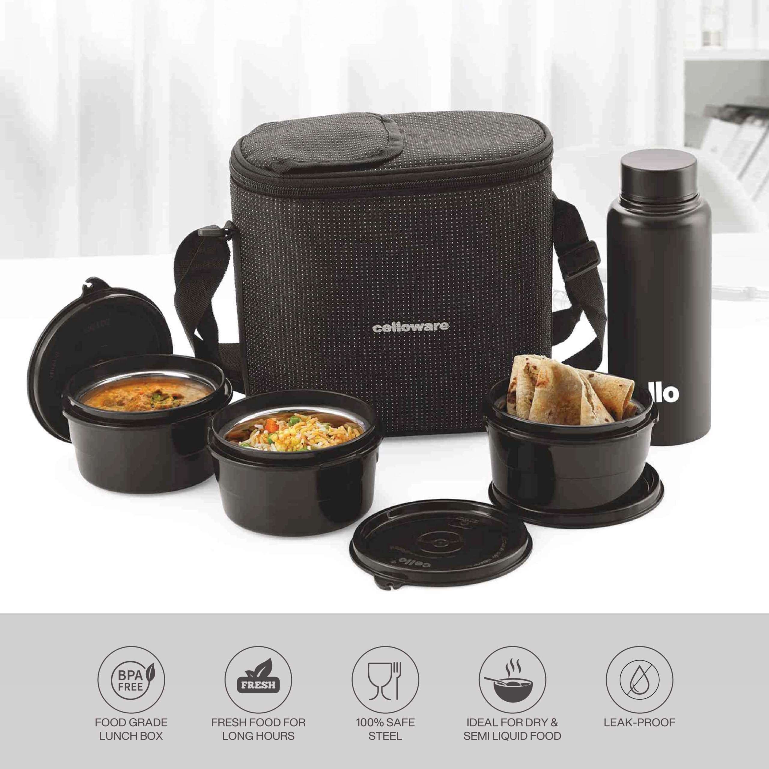 CELLO MF Alfa Stainless Steel Lunch Box Case Set with Bag for Office Use Black | 3 x 375ml Microwave Safe Steel Round Container, 1 x 800ml Steel Water Bottle | Air Tight Rustproof Leakproof Lunch Box 3