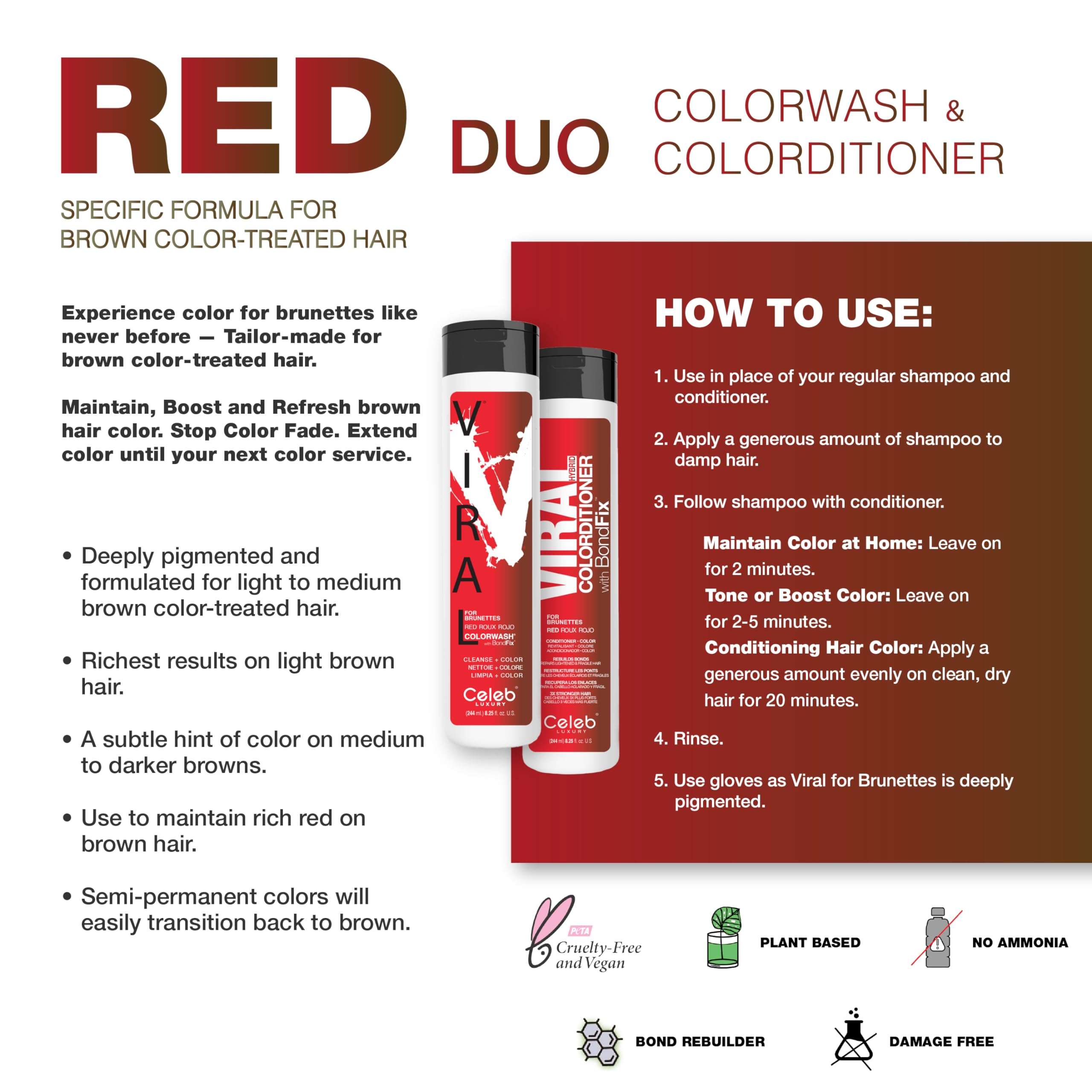 Celeb Luxury Red Duo Color Depositing Colorwash Shampoo & Conditioner Set for Brunettes + Bondfix Bond Rebuilder, Semi Permanent Hair Color, Vegan Hair Dye 4