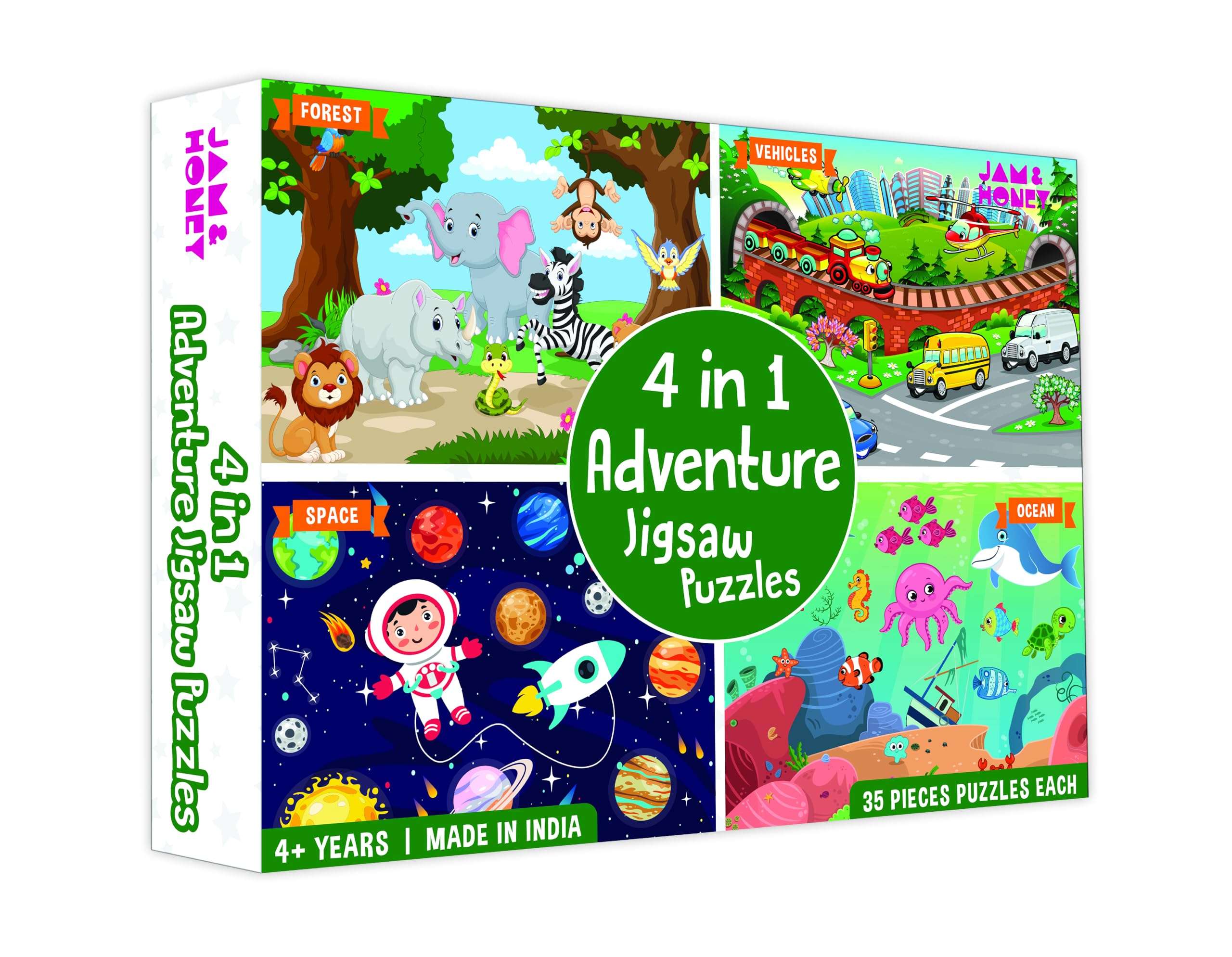 Amazon Brand - Jam & Honey 4 in 1 Adventure - Puzzles for Kids | 35-Piece Puzzles | Educational Toy for Cognitive Development | Vibrant Colors 1